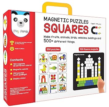 Play Panda Magnetic Puzzles Squares - 400 Colorful magnets, 200 puzzles, magnetic board, display stand