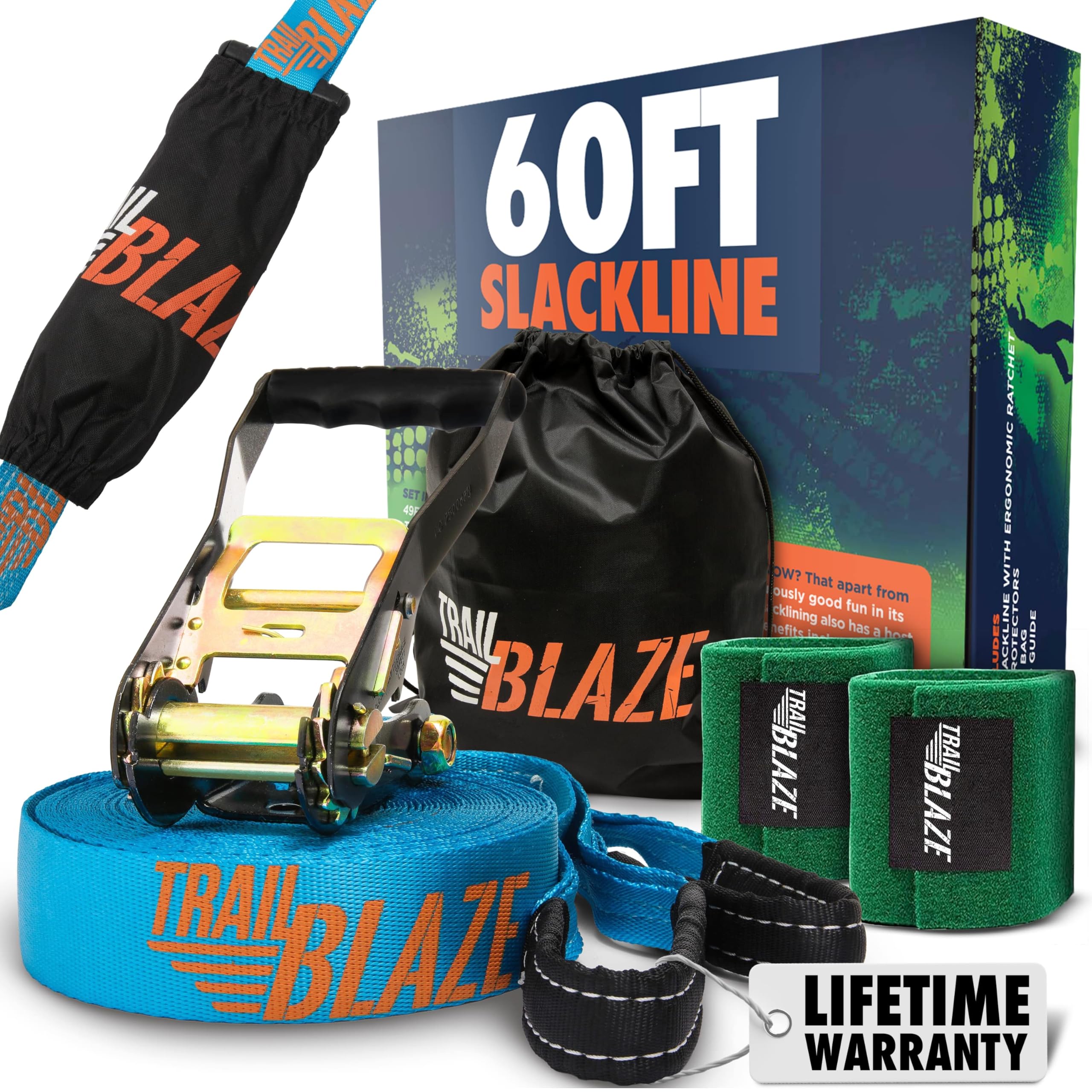 Trailblaze Complete Slackline Kit for Kids with Tree Protectors and Ratchet Cover | Slackline Beginner Kit, Outdoor Tightrope, Easy Setup 18.5m blue