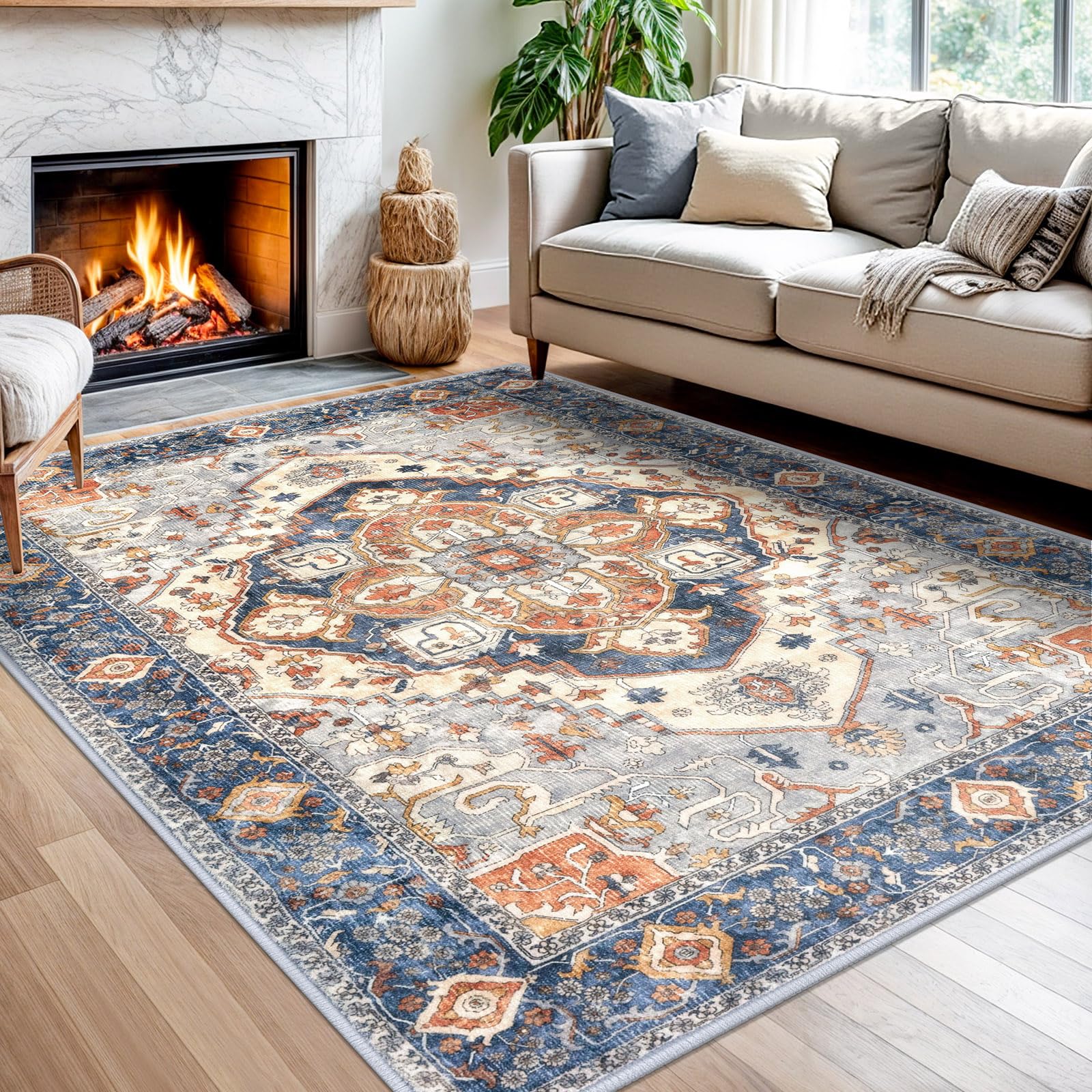 SIILOOM 5x7 Area Rug for Bedroom, Ivory Blue Large Vintage Floor Rug with Non-Slip, Non-Shedding Washable Area Rugs for Living Room, Soft Boho Carpet for Farmhouse Office Home Décor Image