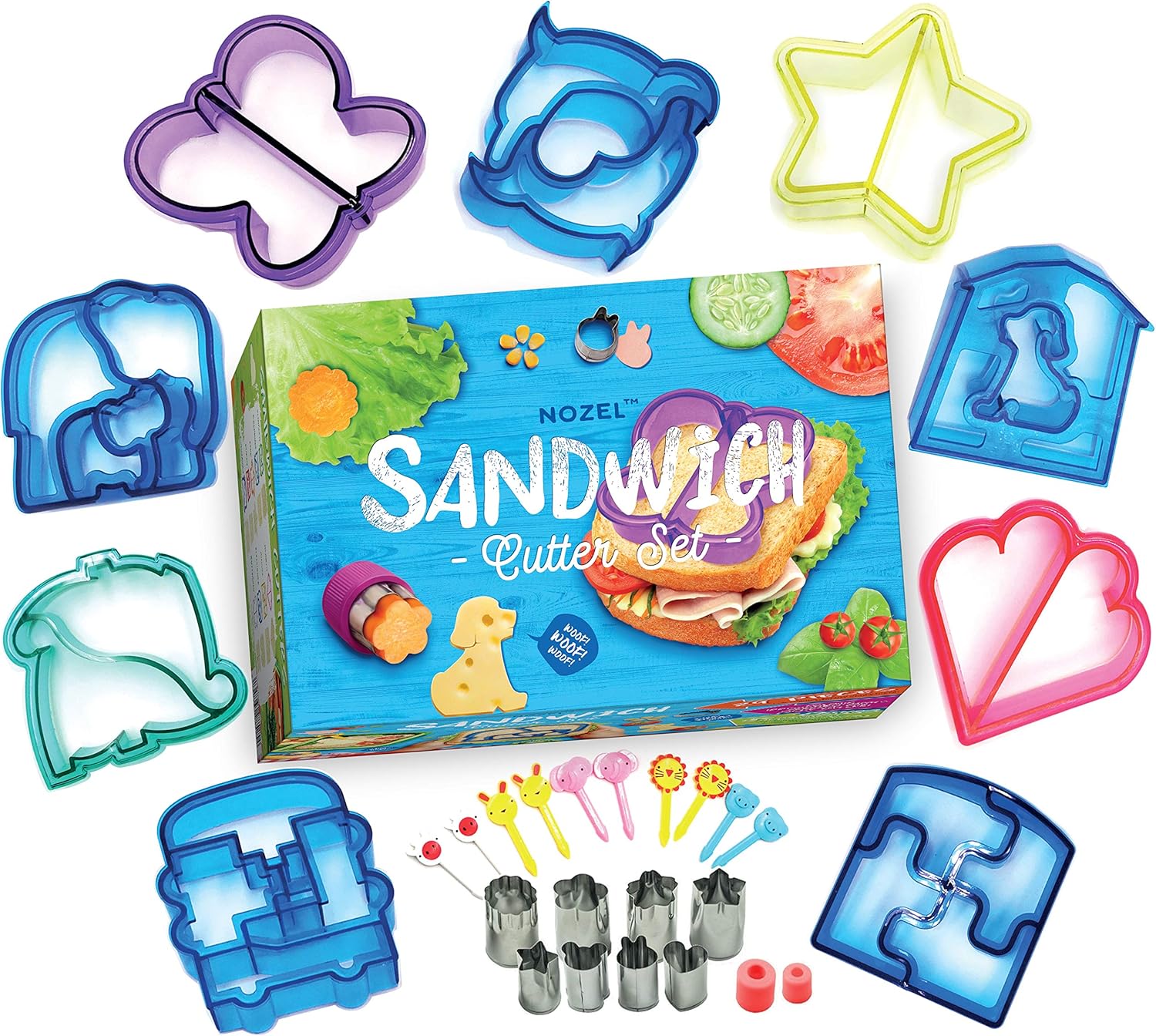 Nozel - Sandwich Cutters for Kids - Set of 29 Bento Box Accessories - 8 BONUS Crust and Cookie Stamps for Fruit & Vegetables - Made of Stainless Steel - Perfect for Toddlers & Picky Eaters!