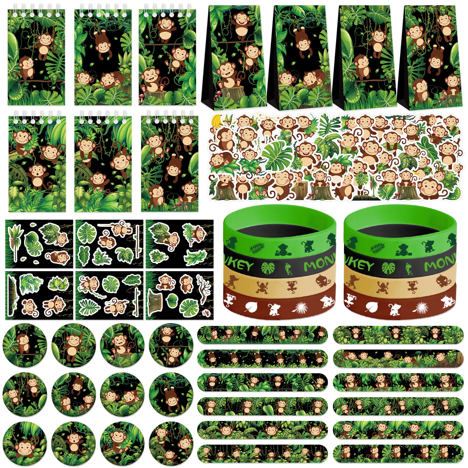 LSJDEER 122PCS Monkey Party Favors, 50 Stickers, 12 Assemble Stickers, 12 Button Badges, 12 Mini Notepads, 12 Slap Bracelets, 12 Rubber Bracelets, 12 Goodie Bags for Wild Jungle Animal Theme Supplies