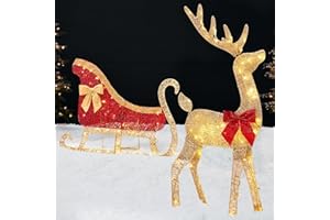 Best Choice Products 4ft Lighted 2D Reindeer & Sleigh Set, Christmas Holiday Deer & Sled Outdoor Yard Decoration w/ 140 LED Lights - Gold