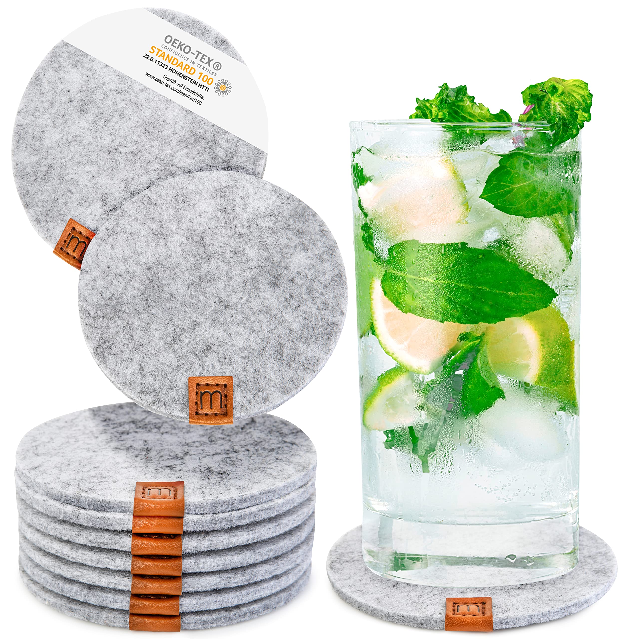 Miqio® Design Glass Coaster - Felt and Leather - Coasters Set of 10 for Drinks with Genuine Leather Appliqué - Easily Washable and Sound Absorbing Cup Mats