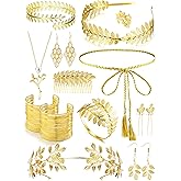EIELO 16Pcs Greek Goddess Costume Accessories Set for Women Golden Laurel Leaf Crown Upper Arm Cuff Coil Bracelet Hair Headpiece Artificial Leaf Drop Earrings Necklace Toga Waist Belt Accessories Set