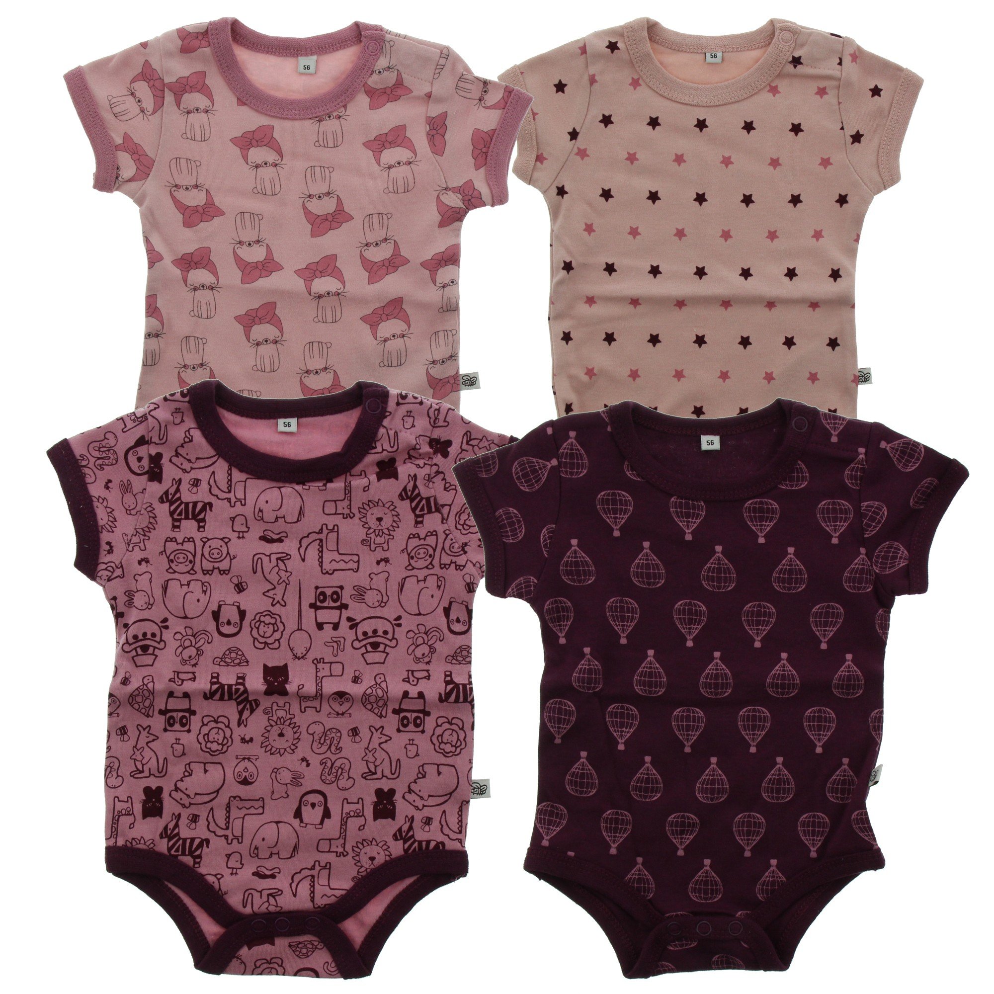 Pippi Pack of 4 Baby Girls Printed Bodysuit Short Sleeve Age 2-4 Months Size 62 Purple 3820