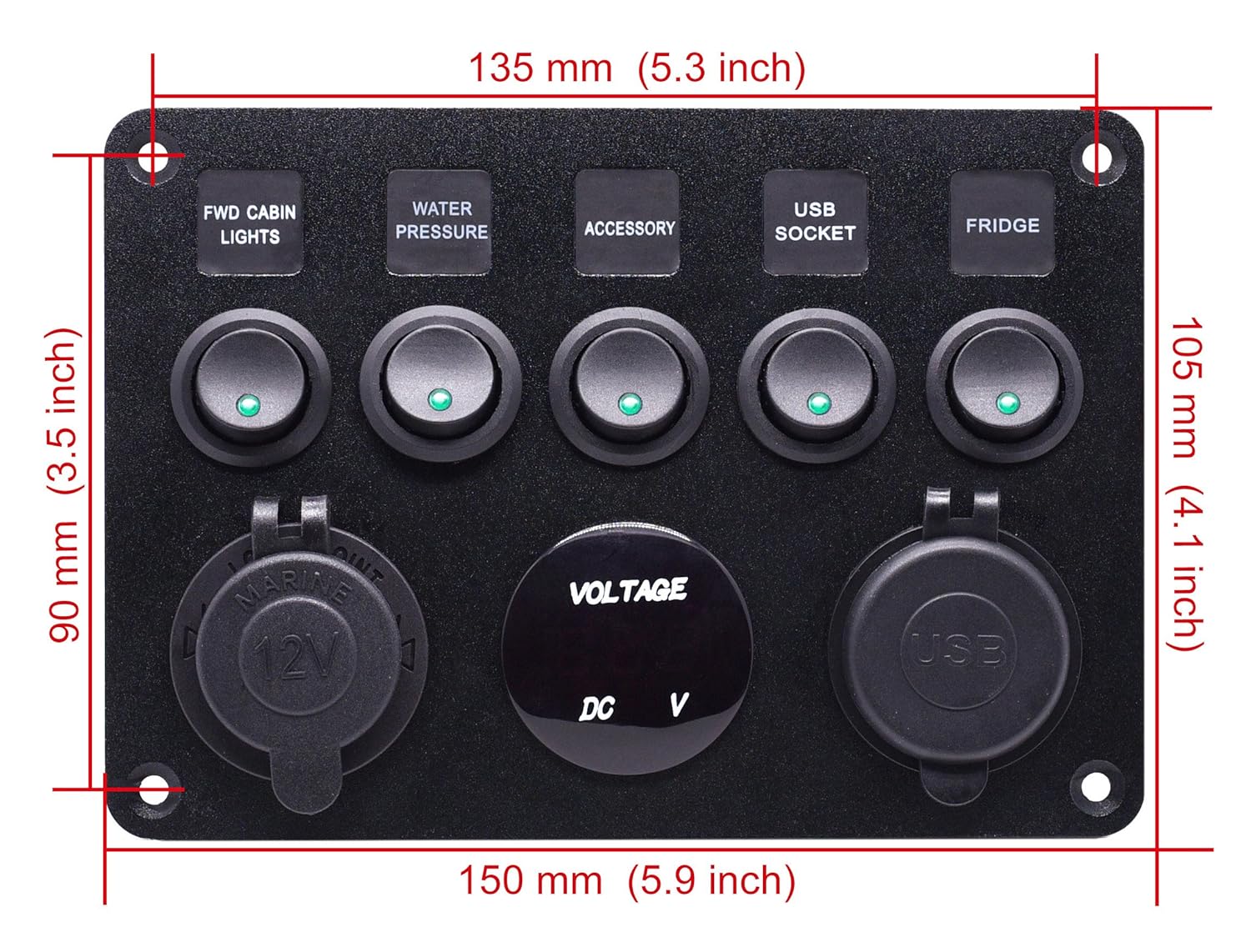 Cllena Dual USB Socket Charger 2.1A&2.1A + LED Voltmeter + 12V Power Outlet + 5 Gang ON-Off Toggle Switch Multi-Functions Panel for Car Marine Boat RV Truck Camper Vehicles (Green): Industrial & Scientific
