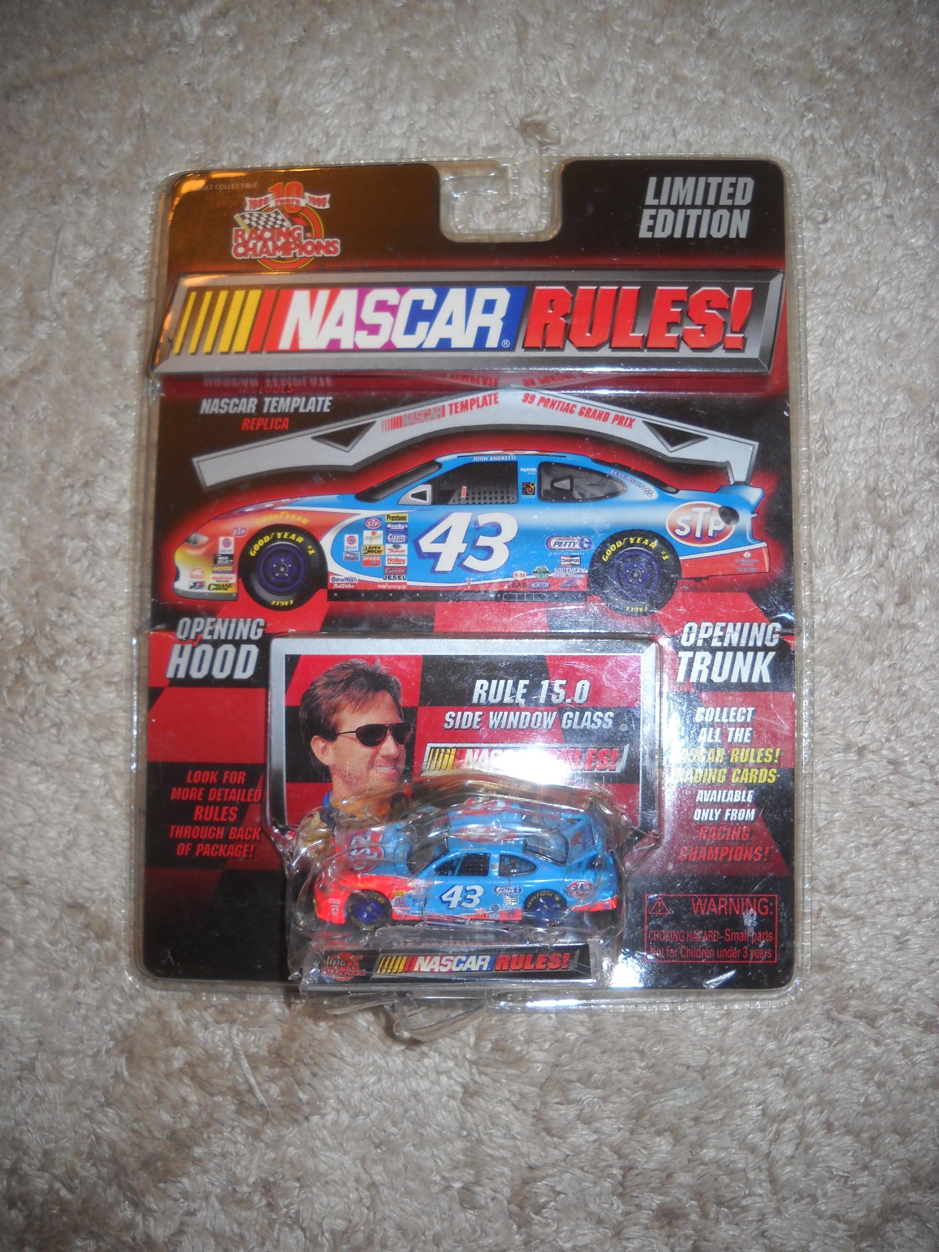 Racing Champions - NASCAR Rules! - "Rule 15.0 Side Window Glass" - 1999 - John Andretti - No. 43 STP Pontiac Grand Prix - 1:64 Die Cast Replica Car and Template