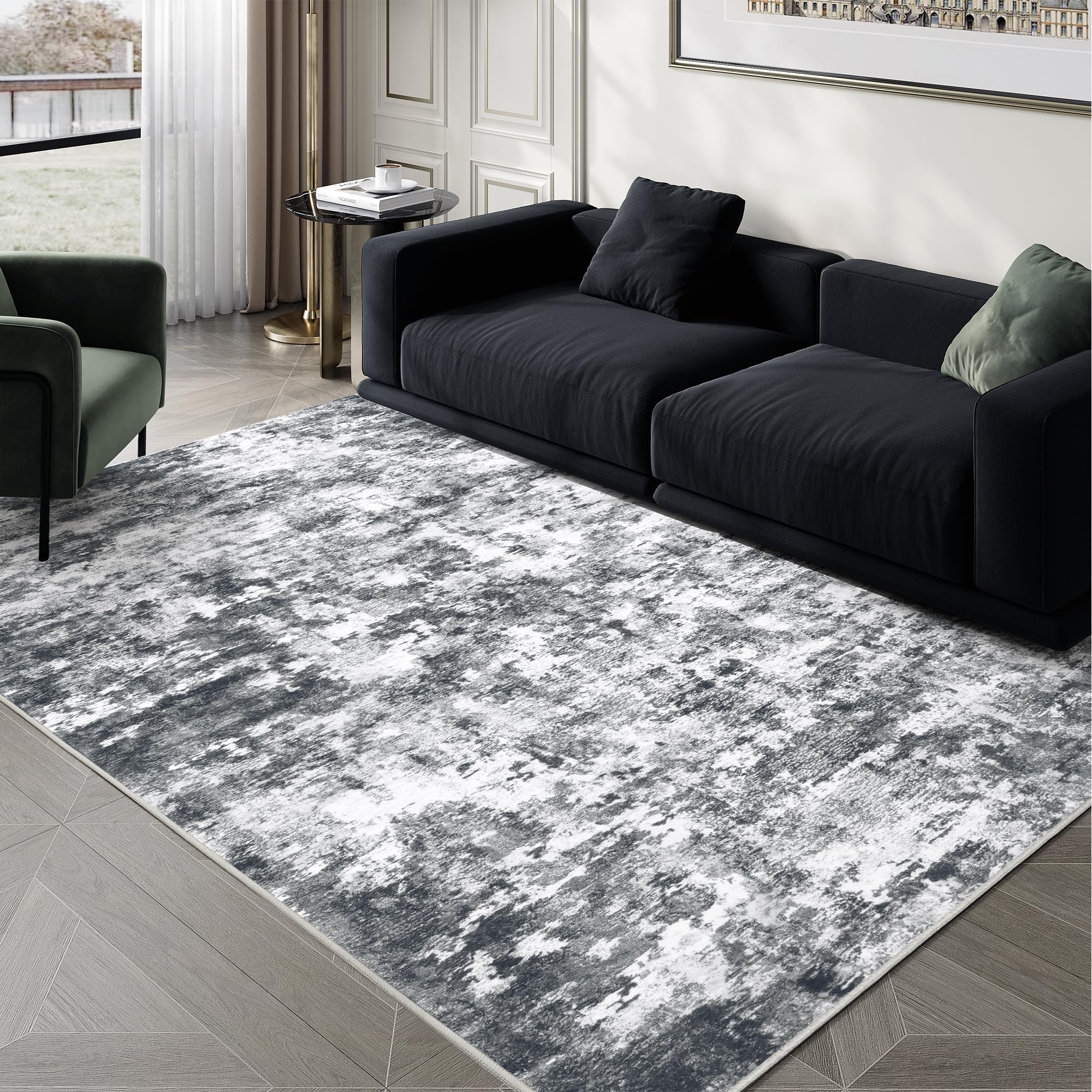 Photo 1 of Miukiki 6x9 Area Rugs, Modern Abstract Washable Rug for Living Room, Stain Resistant Non-Shedding Distressed Area Rug with Non Slip Backing for Bedroom (Grey/White, 6'x9')