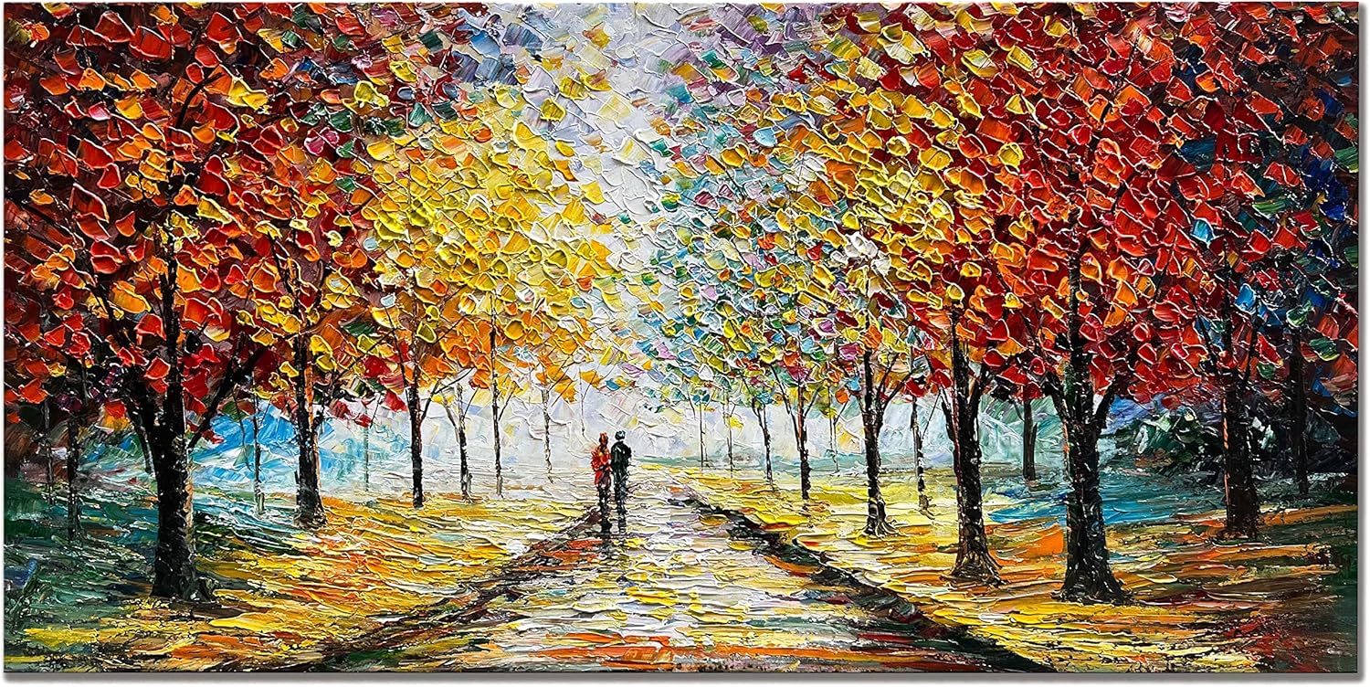 Paintings - Creespi Landscape Oil Painting On Canvas Wall Art,Contemporary Hand Painted Textured Tree Artwork for Wall Decor (24x48inch)