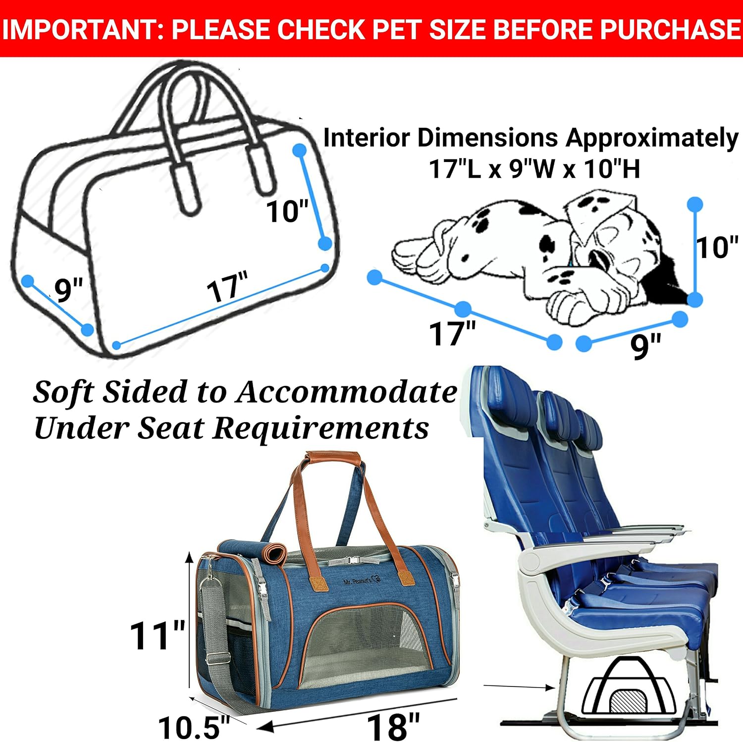 Mr. Peanut's Airline Approved Soft Sided Pet Carrier, Low Profile Luxury Travel Tote With Fleece Bedding & Safety Lock - Image 4