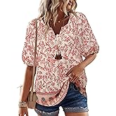 Unixseque Womens Summer Tops V Neck Short Sleeve Blouses Casual Button Down Shirts Floral Boho Clothing Trendy 2025