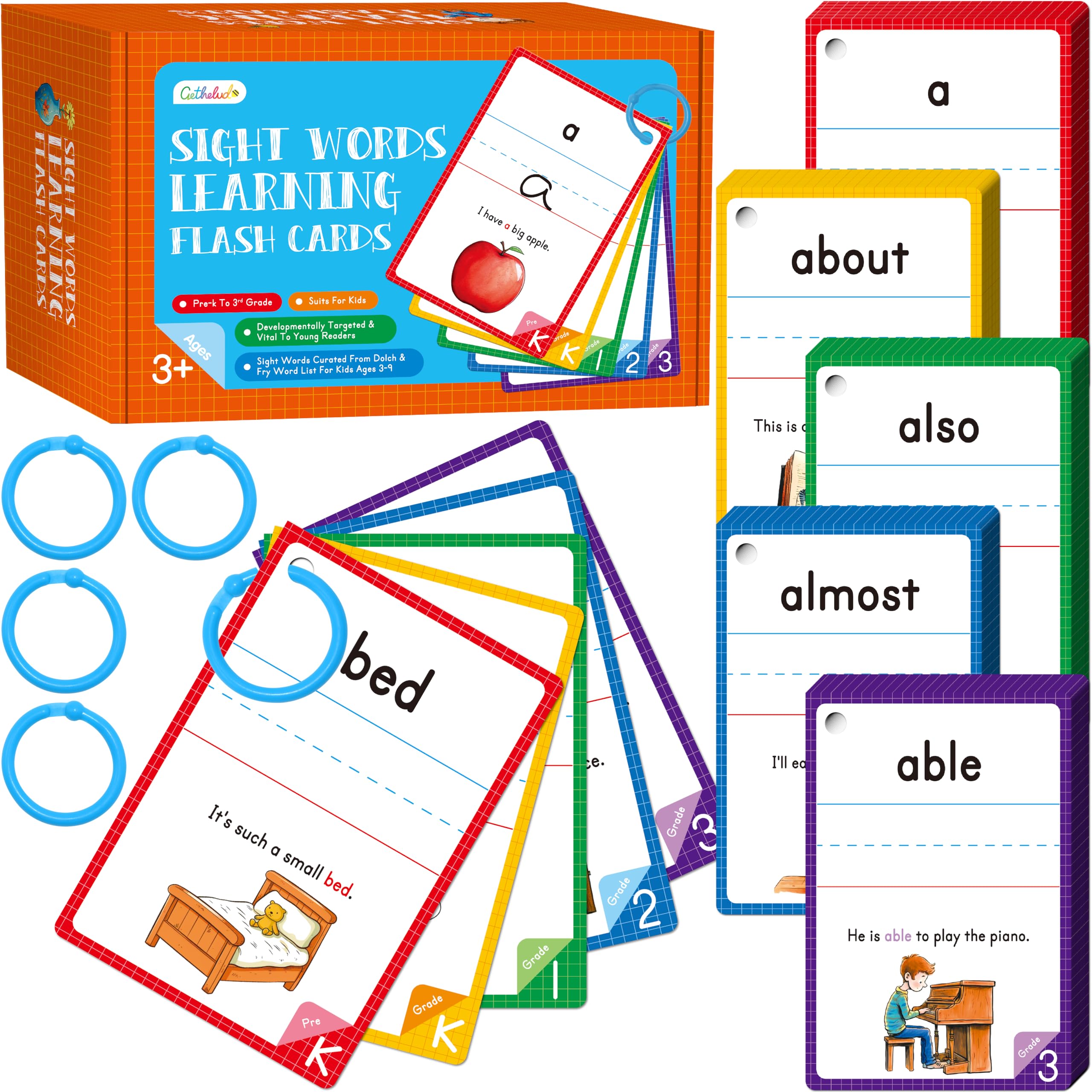 300 Sight Words Flashcards, 150PCS Double-sided Erasable Reusable Cards Dolch & Fry Word lists Montessori Toy for Kindergarten Preschool Toddlers 3 4 5 Years Old (5 Plastic Rings Attached)
