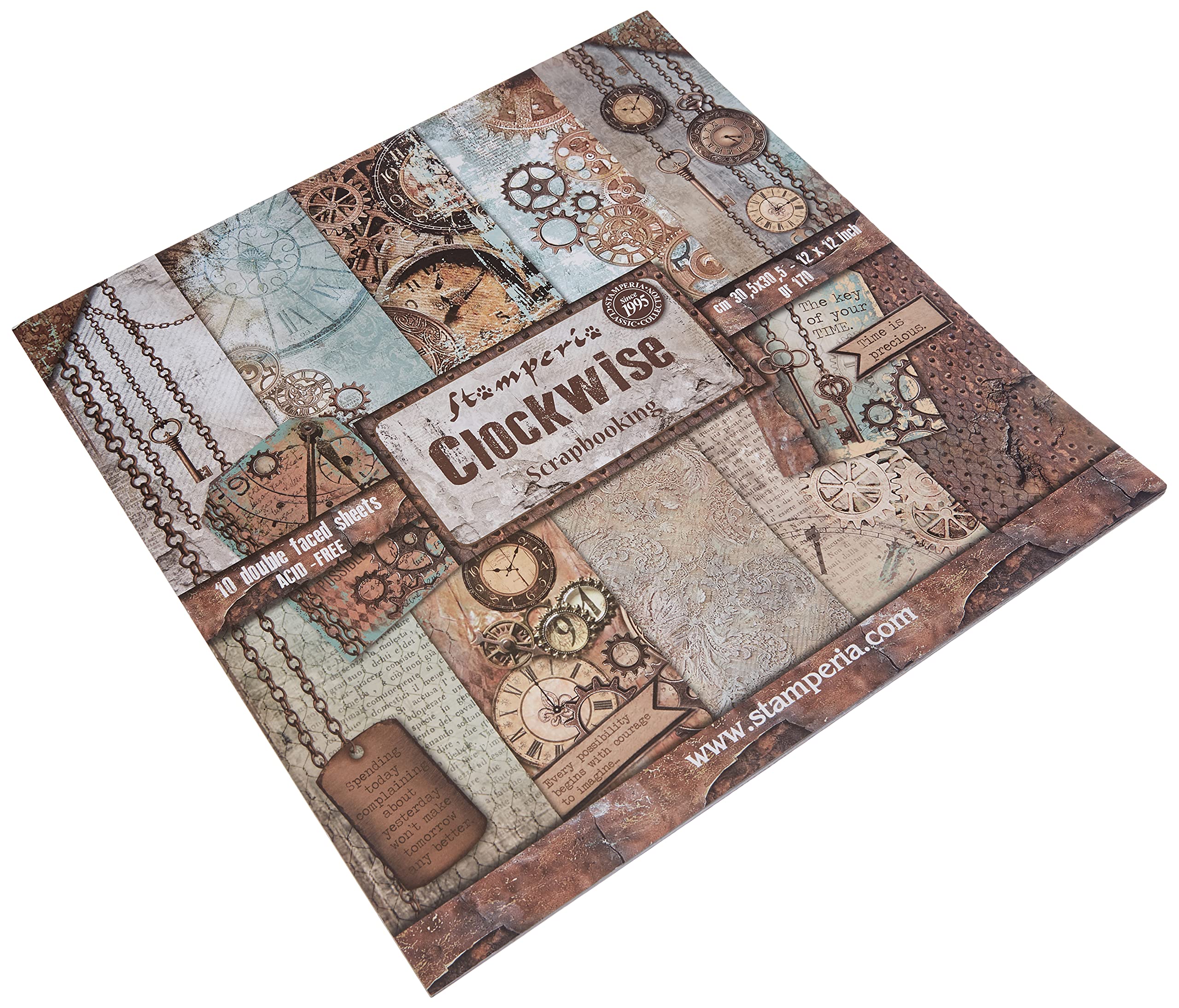 STAMPERIA Paper Pad 10 Sheets Double Sided Clocks, Paper, Multi-Colour, 30.5 x 30.5 (12" x 12")