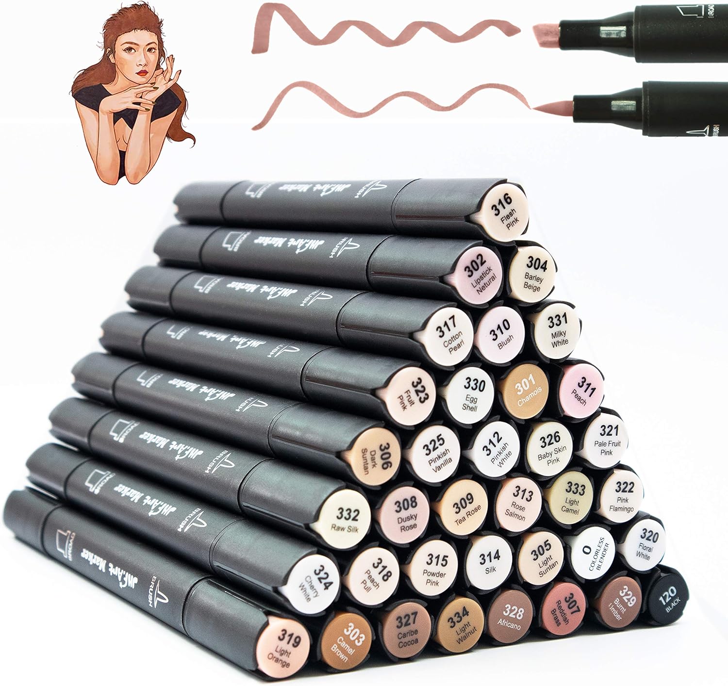 36 Colors Skin Tone Alcohol Markers, Brush & Chisel Double Tipped