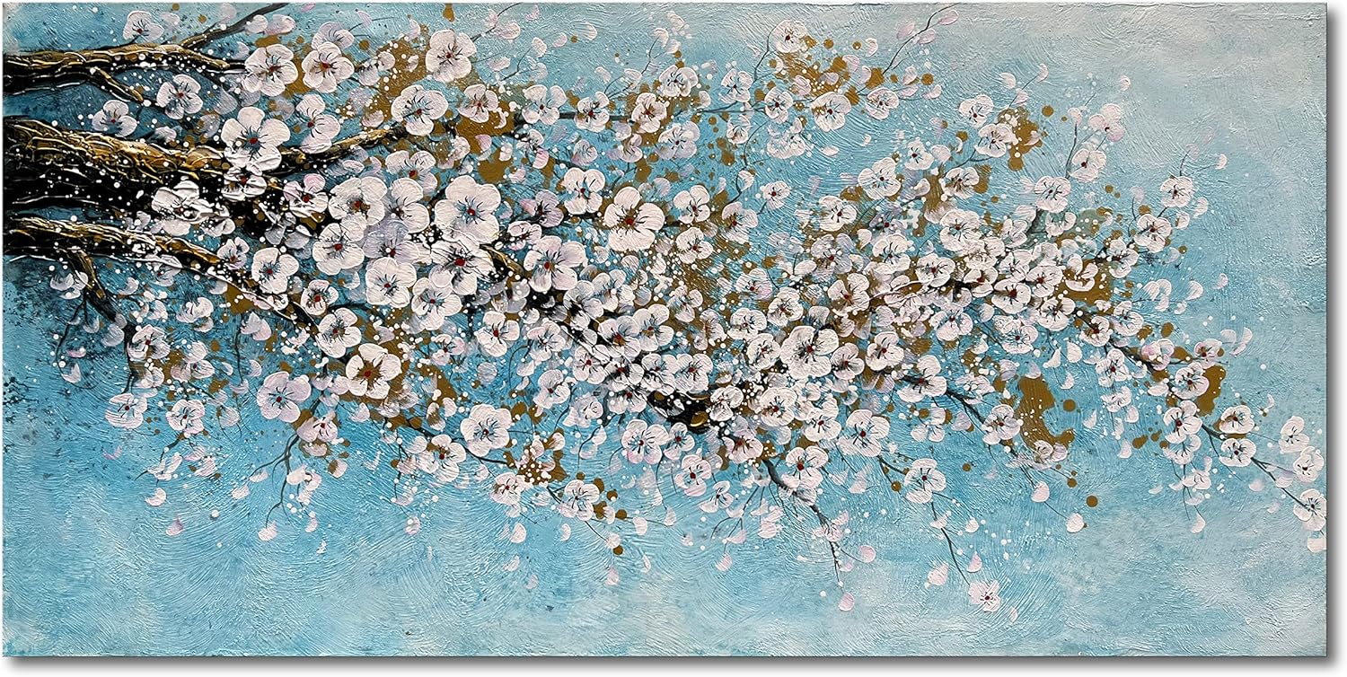 Paintings - Limiyer Art Hand-Painted Plum Blossom Oil on Canvas White Floral Wall Art Home Decorative Painting 24x48 Inch
