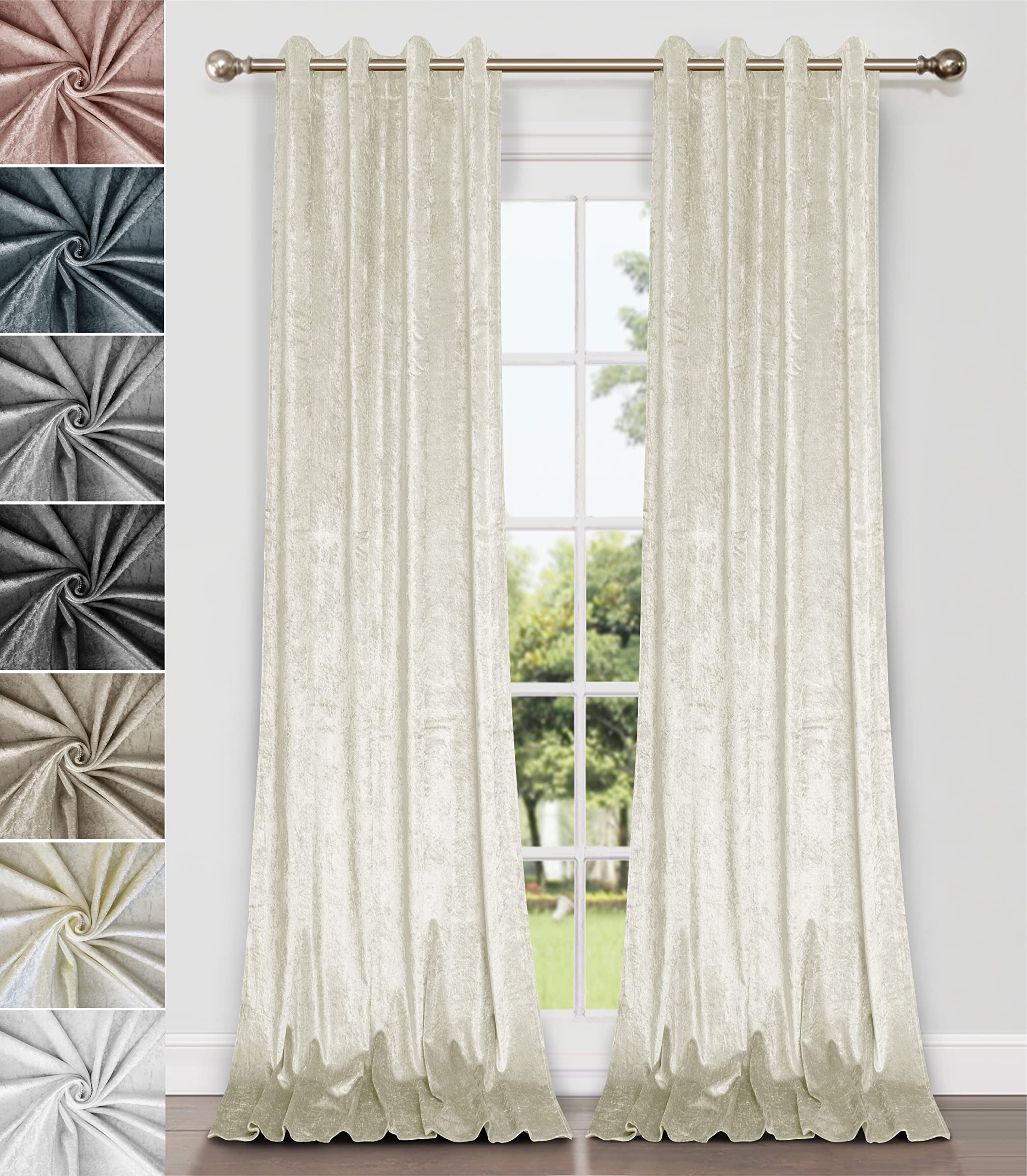 Home Direct Pair of Crushed Velvet Curtains, Eyelet Ring Top, Unlined, Cream, 2 panels, 140cm x 260cm 55" x 102"
