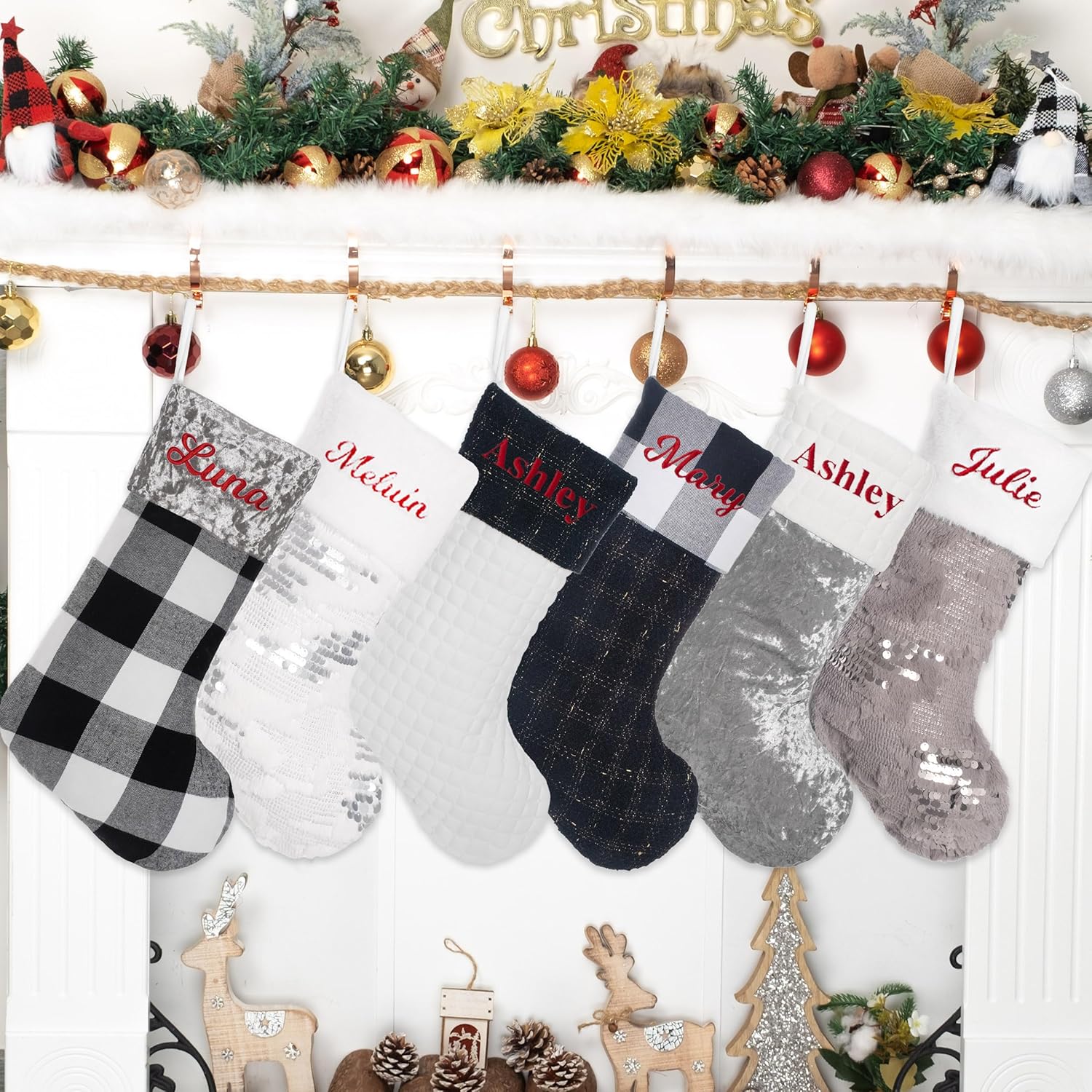 Stockings & Holders - LUBOT Personalized Christmas Stocking Large Size，Black White and Gray Contrast Color Design Combined with Flannel Plaid Plush Hanging for Family Decorations Xmas Holiday 1 Pack