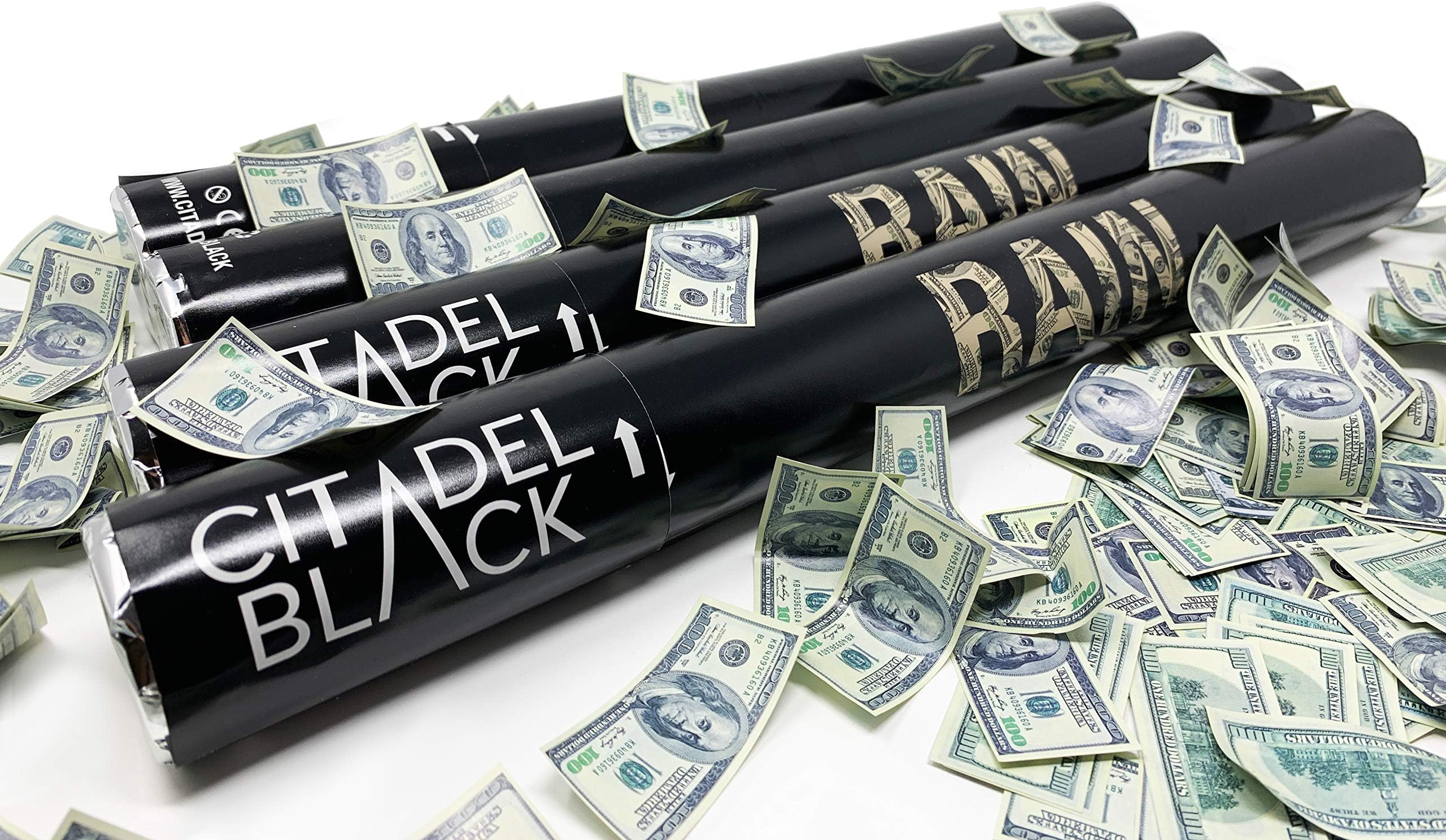 Make it Rain 18 inch Confetti Cannon (4 Pack) by Citadel Black - 100 Dollar Bills Biodegradable Confetti Pieces, Large Party Popper, Confetti Shooter, Compressed Air, 16 Foot Range