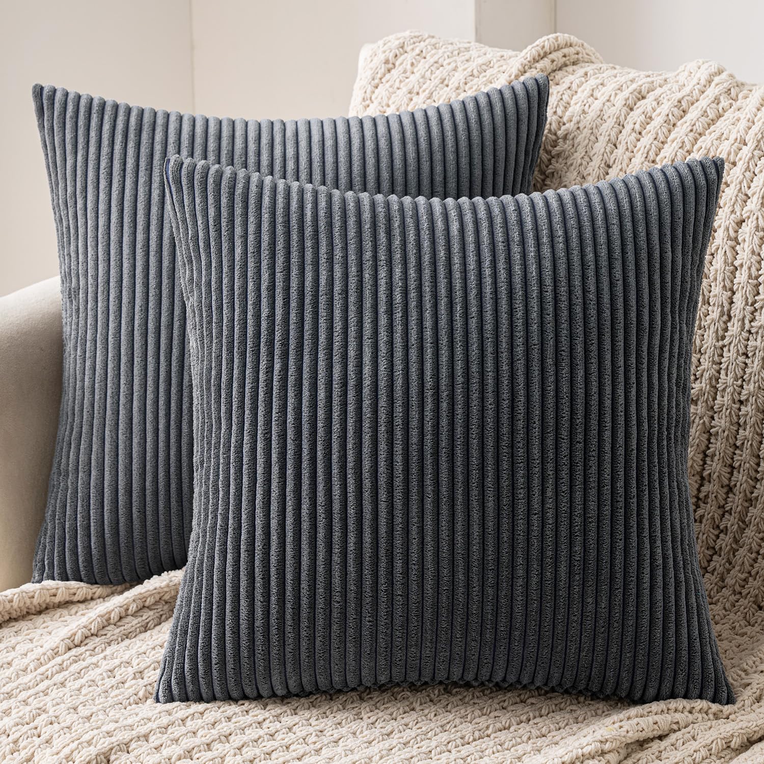 MIULEE Striped Corduroy Fabric Square Throw Pillow Case,Solid Cushion Cover Sham Home for Sofa Chair Couch/Bedroom Decorative Pillowcases Grey 24"x24" 2 Pieces — image 1