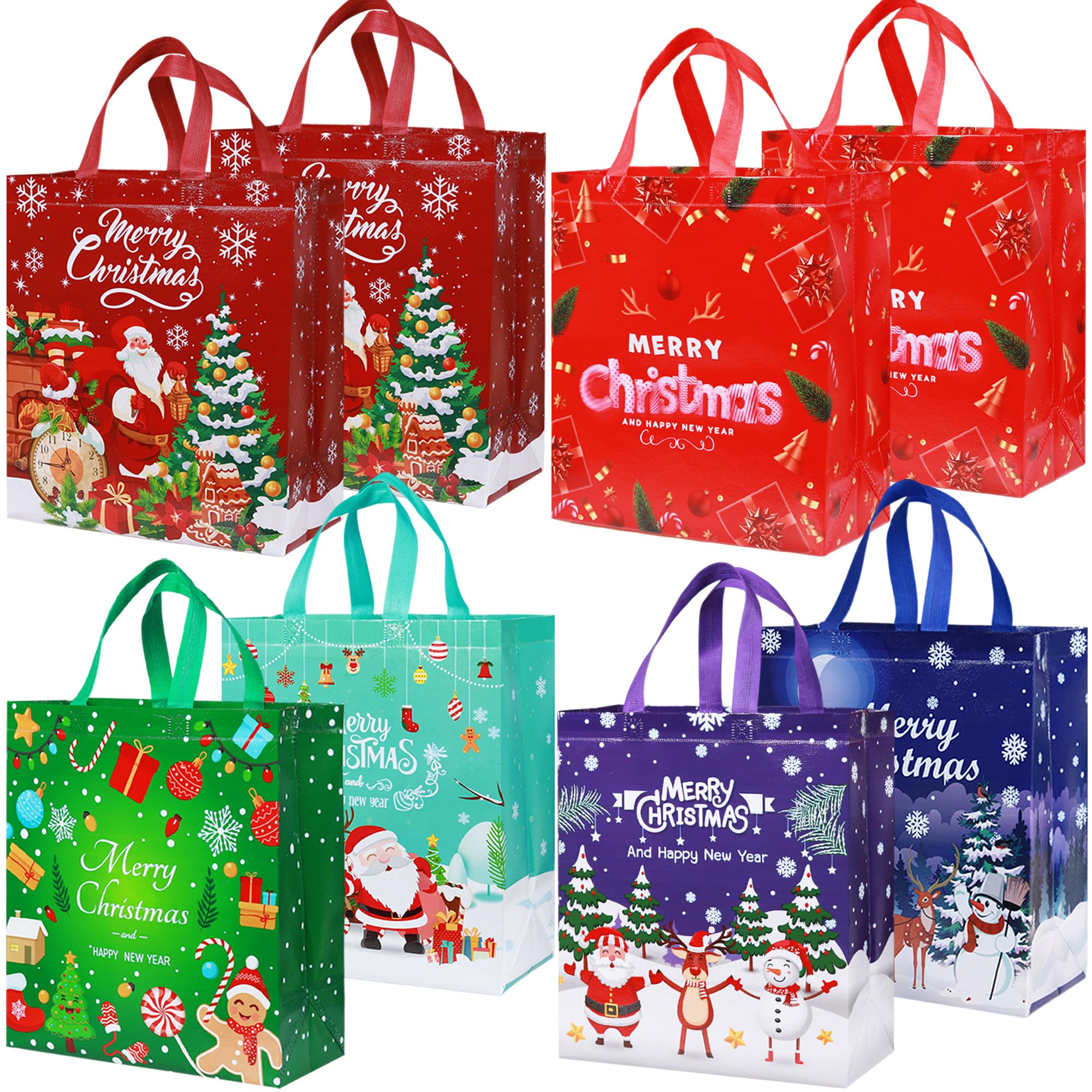 Pecehom 8Pcs Large Christmas Tote Bags,Reusable Waterproof Shopping Bag with Handle Non-woven Fabric Gift Bags for Holiday Xmas Event Party