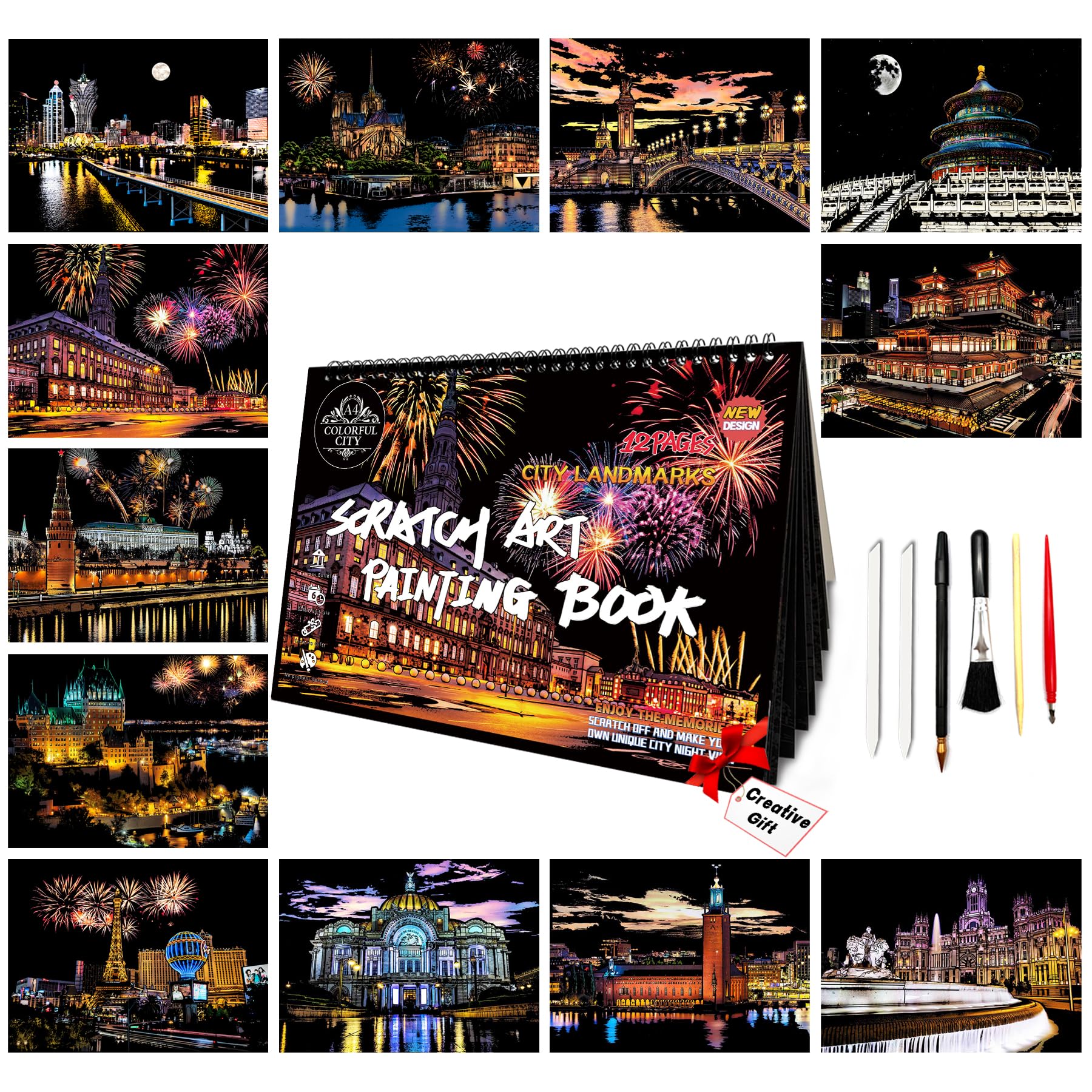 SiYear Scratch Art Painting Paper Set for Adults Landmark Building City Series Night Scene,Scratchboard Creative Gift DIY Foil Engraving Crafts with 4 Tools (A4-12Pack-City Series)