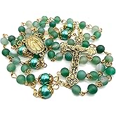 Nazareth Store Catholic Rosary Necklace Matte Stone Beads Green Pearl Round Beads Miraculous Medal & Cross - Velvet Bag