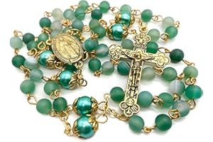 Nazareth Store Catholic Rosary Necklace Matte Stone Beads Green Pearl Round Beads Miraculous Medal & Cross - Velvet Bag