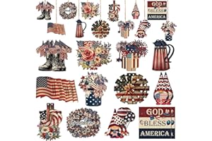 Seeloowy 36 Pcs 4th of July Vintage Ornaments Patriotic Wooden Ornaments Independence Day Decorations White Red Blue Tree Decors Memorial Day Tree Ornaments for American Memorial Day Party(Classic)