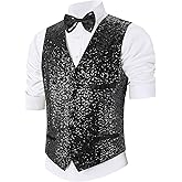 Pixiemain Sequin Vest Party Formal V-neck Shiny Waistcoat Bowtie Set for Wedding Events Mardi Gras St Patricks day Carnival