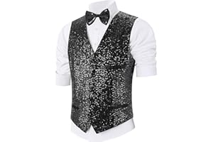 Pixiemain Sequin Vest Party Formal V-neck Shiny Waistcoat Bowtie Set for Wedding Events Mardi Gras St Patricks day Carnival