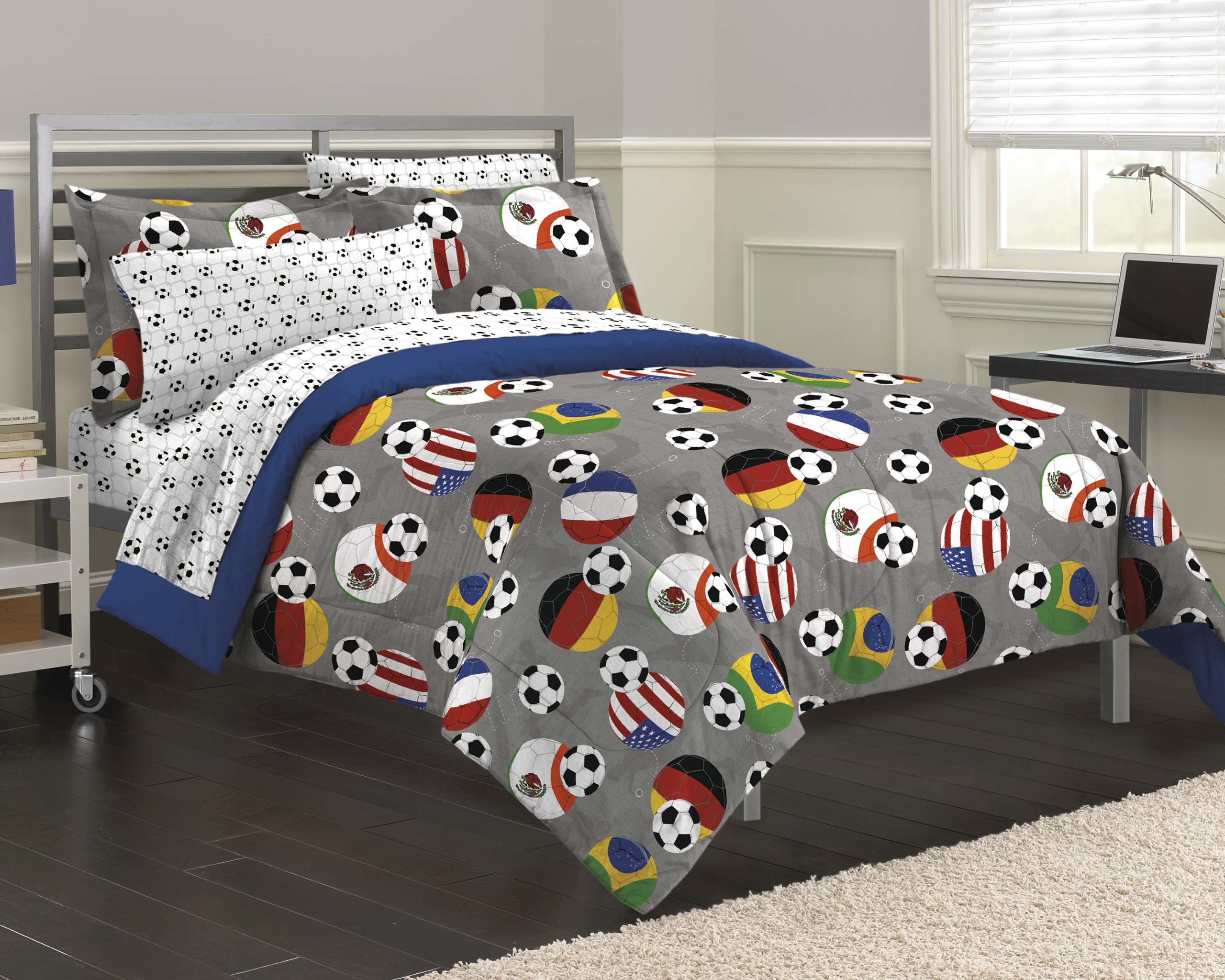 Kids Bedding Comforter Set Multicolored Soccer Balls Fever Teen Twin