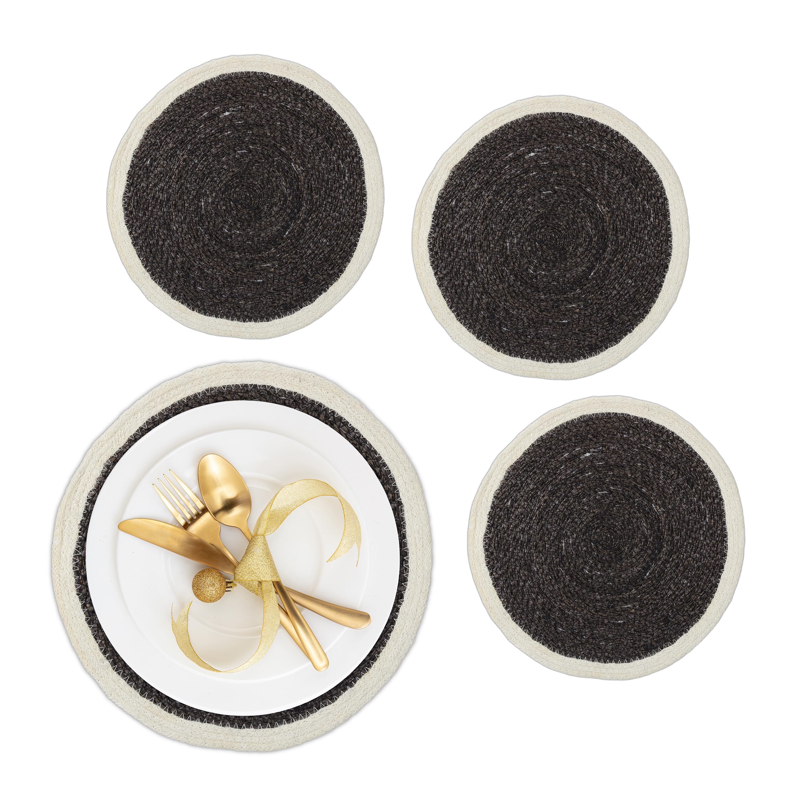 Relaxdays Place Mat Set, 4x Coaster, Tableware, Drinks, Table Protector, Round, Ø 37 cm, Seagrass Material, Black/Cream, Plant fibre