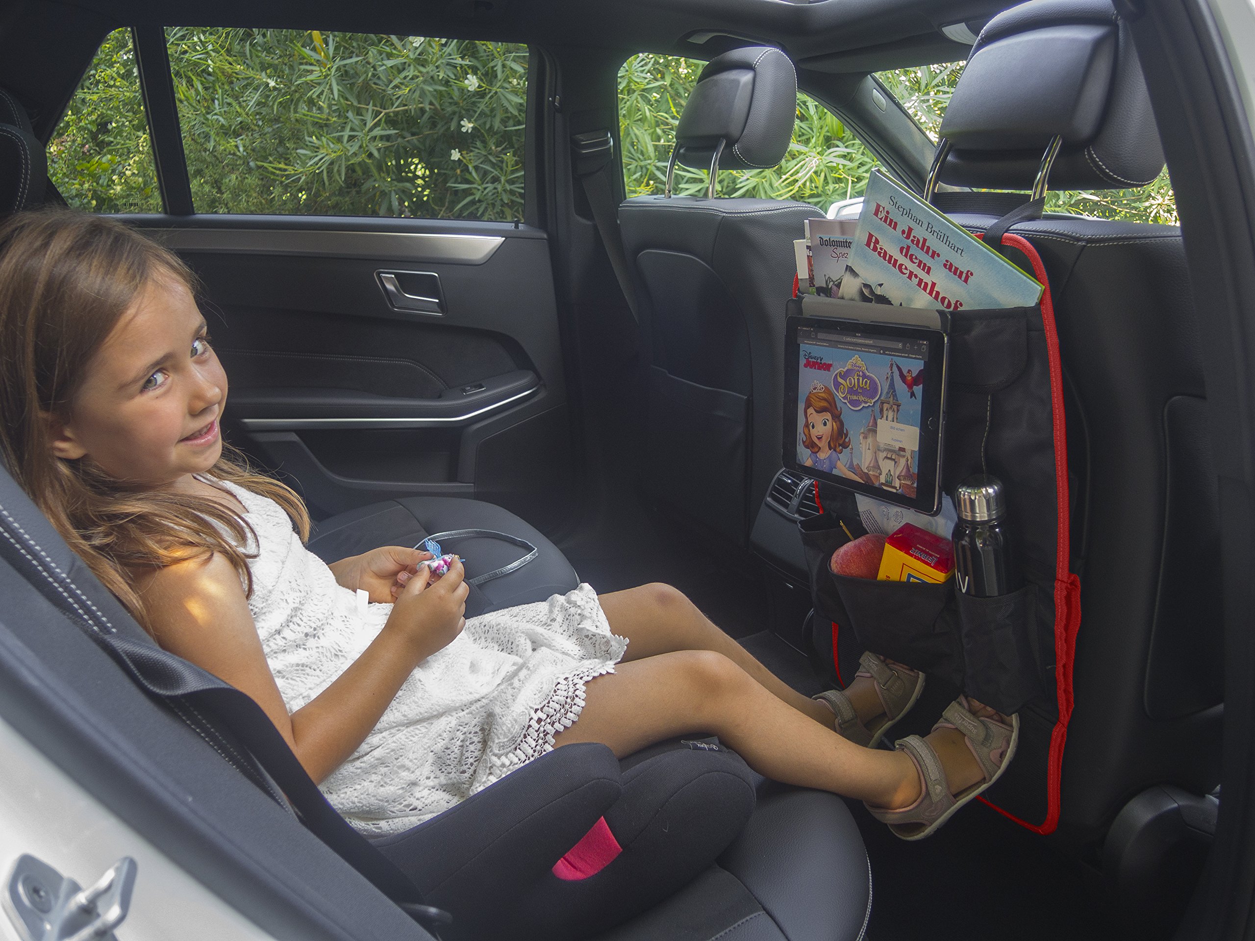 Protector asiento coche | organizador multi-bolsillos | MYCARCADDY TO GO | kick mat para ninos | evita arañazos y daños en el respaldo del asiento | con bolsillo para I-PAD tablet | NEGRO/ROJO