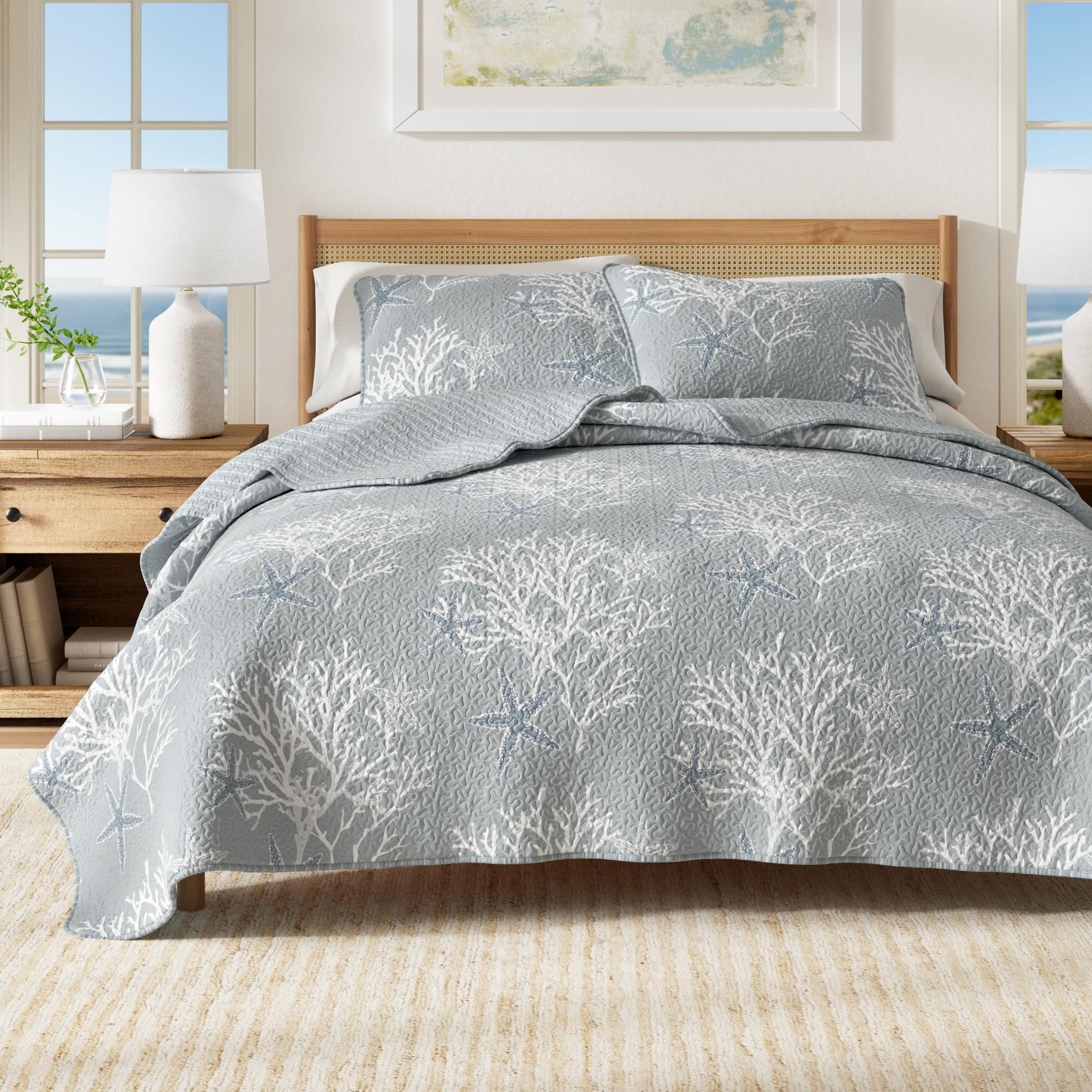 Photo 1 of King Coastal Quilt Bedding Set, Summer Coastal Quilt with Shams, Beach 3-Piece Reversible All Season Bedspread Quilt Set. Lightweight Nautical Quilted Coverlet. Fenwick Collection, Pearl Blue
