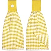 Cackleberry Home Gingham Check Terrycloth Hanging Kitchen Hand Towel Cotton with Button Accent, Set of 2 (Lemon Yellow)