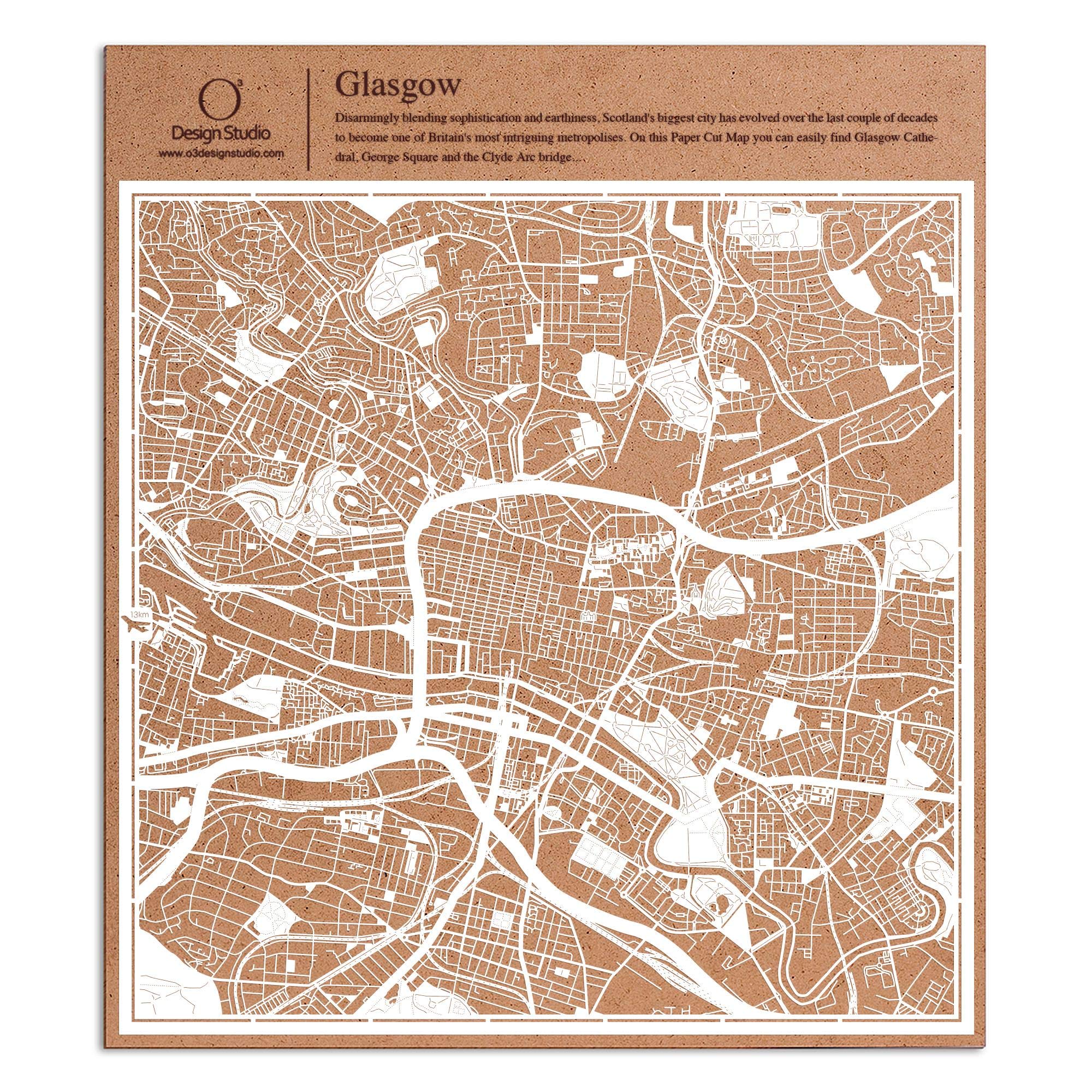 O3 DESIGN STUDIO Glasgow Paper Cut Map White 30x30 cm Paper Art