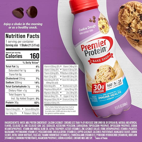 PREMIER PROTEIN SHAKE, COOKIE DOUGH, 30G PROTEIN, 1G SUGAR, 24 VITAMINS & MINERALS, NUTRIENTS TO SUPPORT IMMUNE HEALTH 11.5 FL OZ