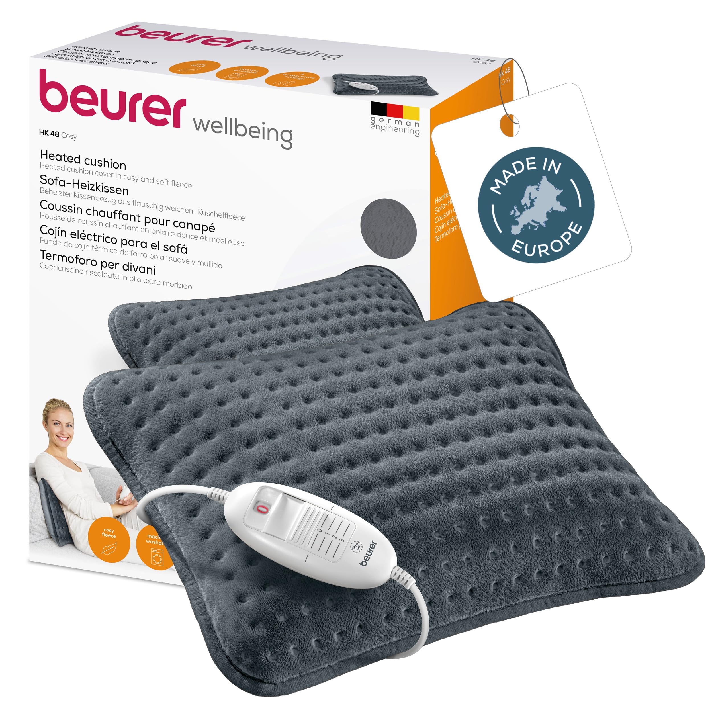 Beurer HK 48 Cosy Sofa Heating Pad with Rapid Heating, 3 Illuminated Temperature Settings and Automatic Shut-Off, Extra Soft Reversible Cushion, 40x30 cm (Pack of 1)
