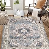 Garvee 9x12 ft Boho Vintage Area Rug Traditional Medallion Print Low Pile Carpet, Non-Slip Washable Rug with Rubber Backing, Foldable Non-Shedding for Living Room Bedroom Office Dining Room(Teal)