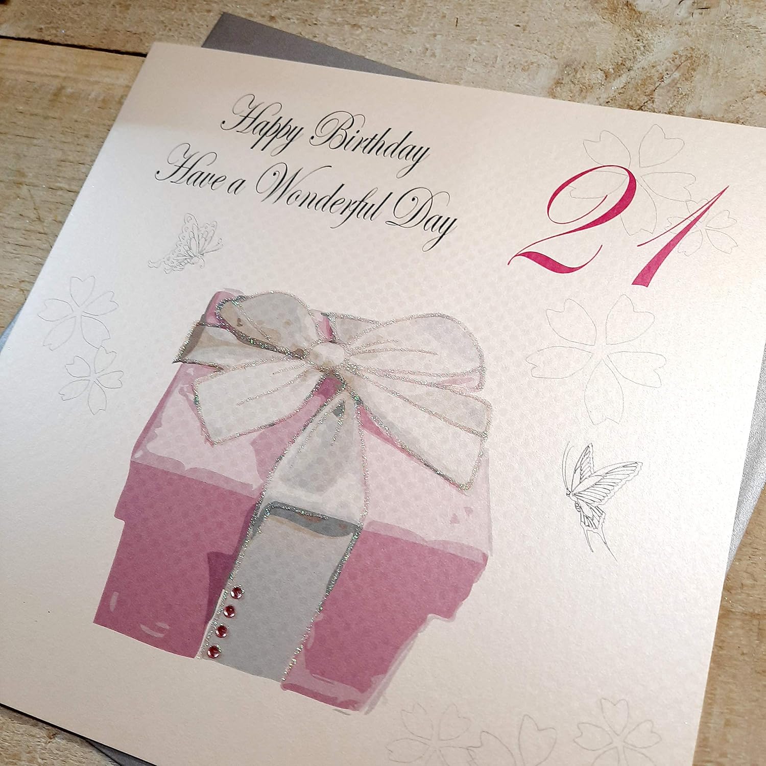 WHITE COTTON CARDS Happy Wonderfu Day, Handmade Large 21st Birthday Card (Pink Present), 22cm x 22cm - Image 3