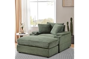 BUIORD 44" Oversized Corduroy Chaise Longue with Storage Spaces⋓ Holder,Comfy Thicked Upholstered Pad Lounge Chair with Ottoman,Soild Wood Sleeper Reclining Chair (Army Green, 44" 1-Seater)
