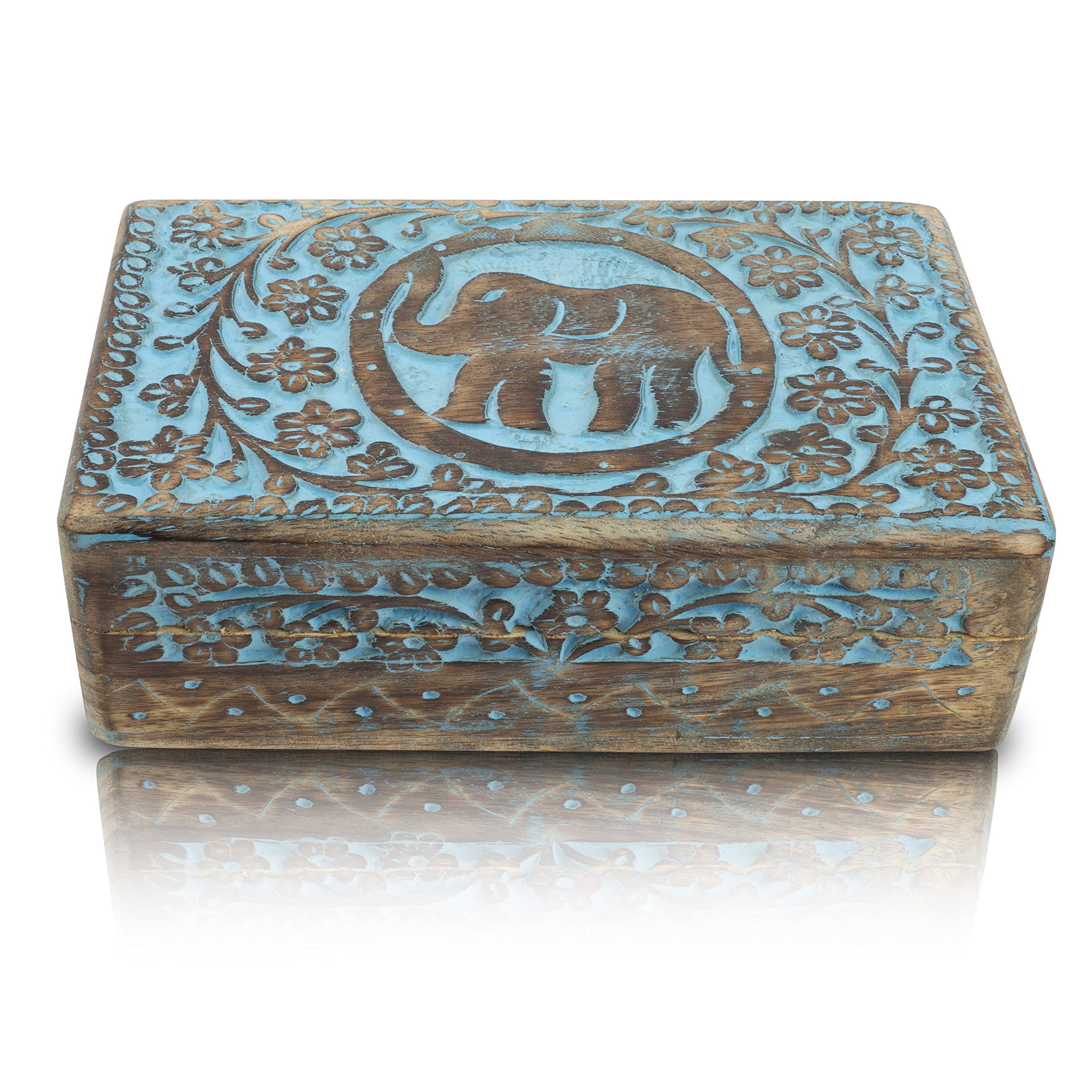Great Birthday Gift Ideas Handmade Decorative Wooden Jewelry Keepsake Box Jewelry Organizer Treasure Chest Trinket Holder Watch Storage Box Housewarming Gifts Women (Blue Wash Finish)