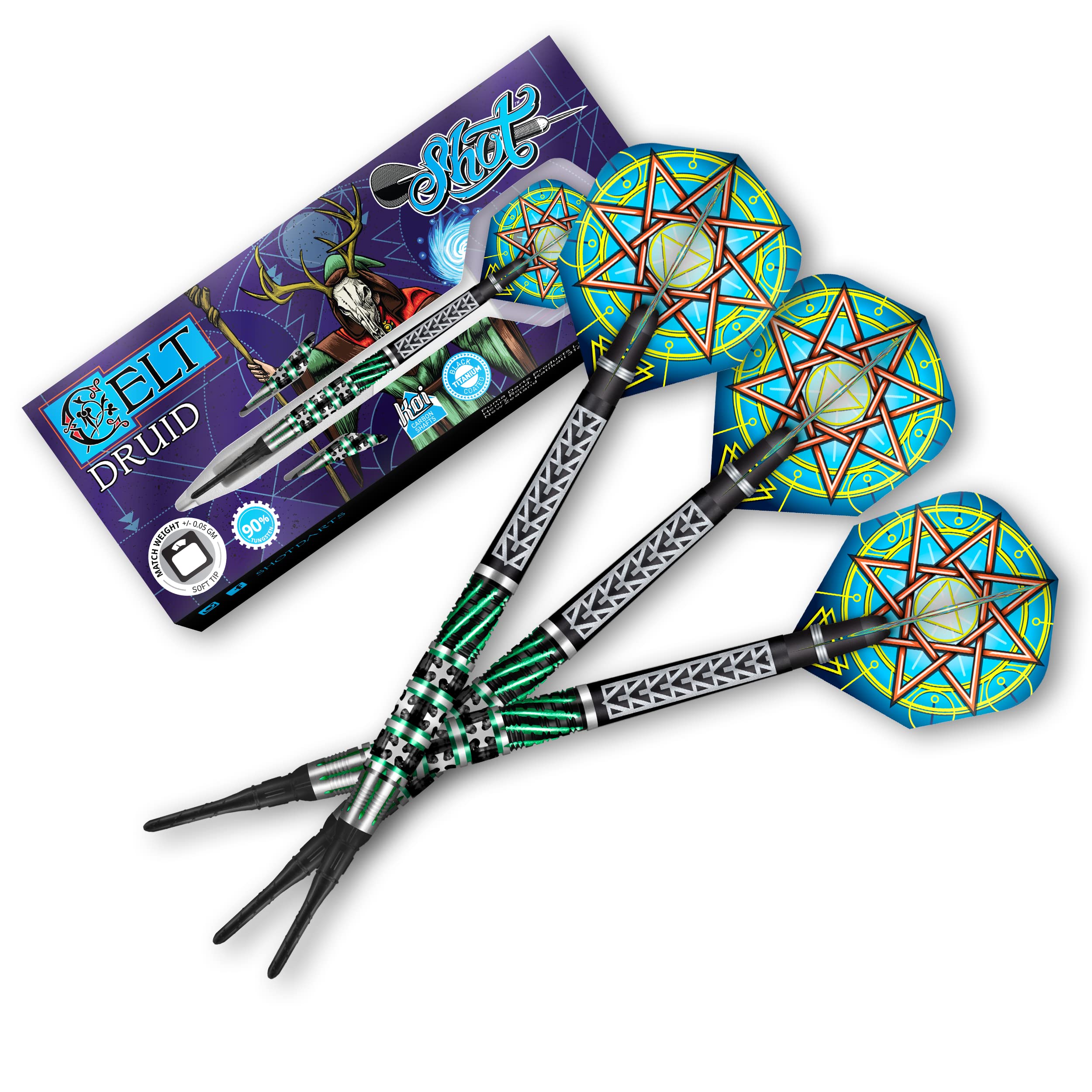 Shot! Darts Celt Druid 90% Tungsten Pro Throwing Darts Soft Tip Set, Professional – Made in New Zealand – Designed Dart Flights for Women & Men – Plastic Tip Bar Darts for Adults