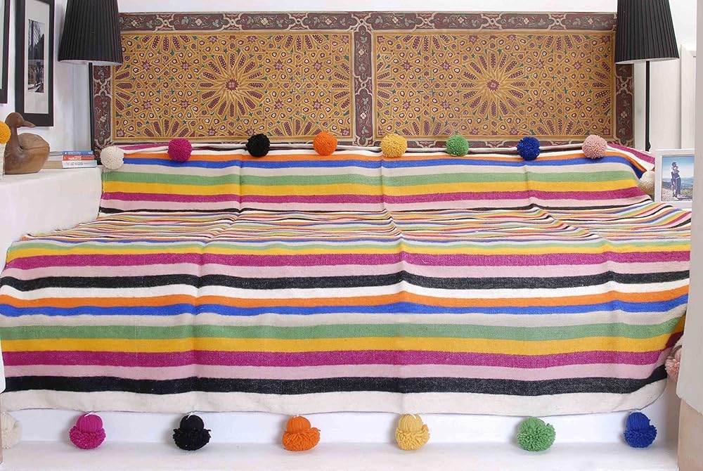 Moroccan Pom Pom Blanket Throw Bedspread, Hand woven with