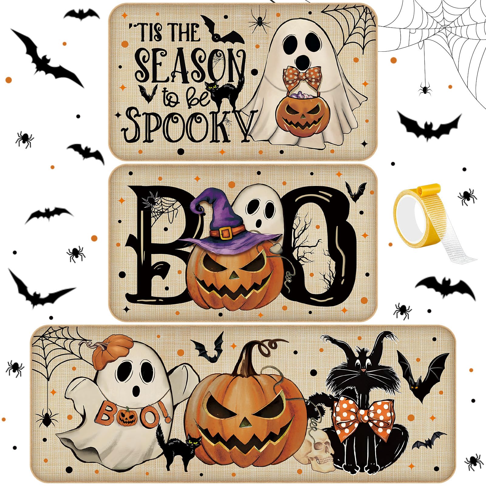 Photo 1 of Tinideya 3 Pcs Halloween Ghost Kitchen Rugs and Mats Set Farmhouse Pumpkin Ghost Rugs Non Slip Halloween Kitchen Mat Cat Boo Floor Mats Halloween Decorations for Kitchen Bathroom Home Office(Beige)