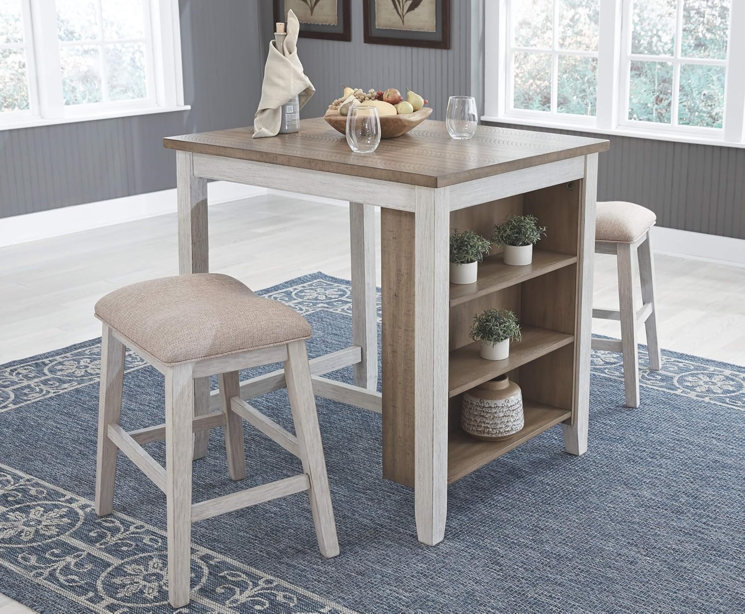 Signature Design by Ashley Skempton Counter Height Dining Room Table and Bar Stools (Set of 3), White/Light Brown - Table & Chair Sets