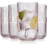 Glaver's Drinking Glasses, Set of 4 Pink Highball 17 Ounce Modern Embossed New Designed Kitchen Glasses Elegant Modern Glassware for Everyday Home or Bar Water Juice Cocktails. Urban Pattern