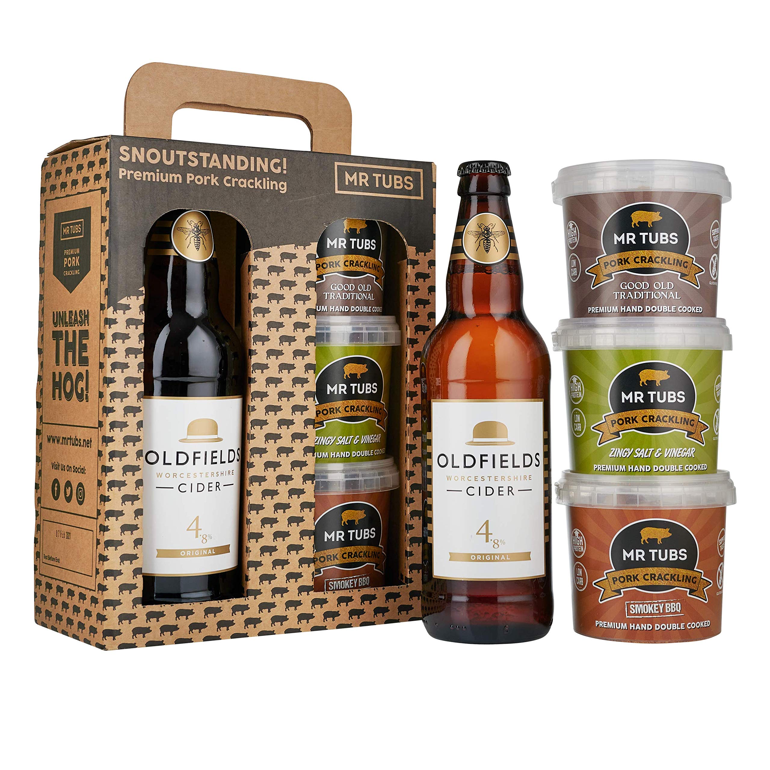 Mr Tubs Gourmet Pork Crackling & Cider Gift Set - 3 x Crackling Flavours plus 1 x 500ml Oldfields Original Cider - Ideal Pork Rind not Scratching Gift Box - Gluten Free