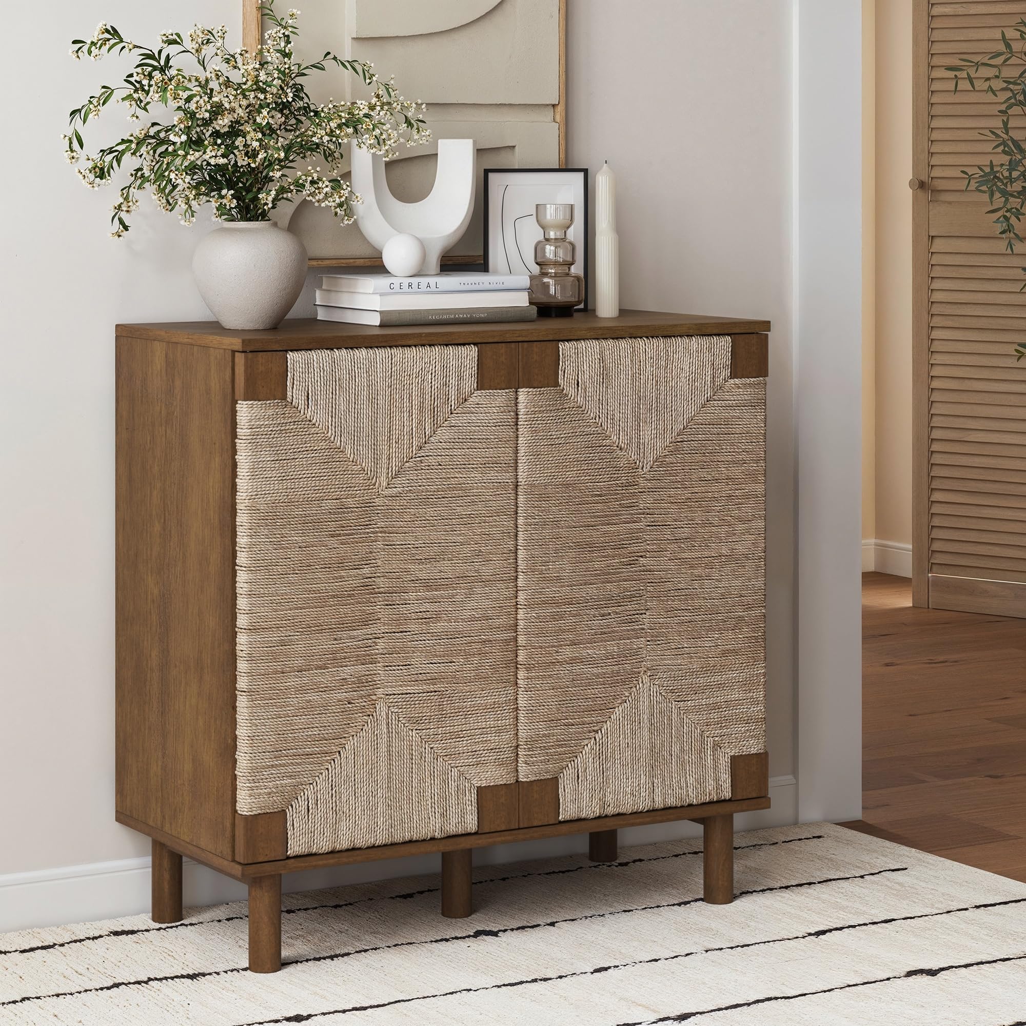 Photo 1 of Nathan James Beacon Boho Accent Cabinet with Doors, Free Standing Kitchen Cabinet Storage with Adjustable Interior Shelf and Seagrass Accent, Dark Brown Product Dimensions	16"D x 63"W x 31"H