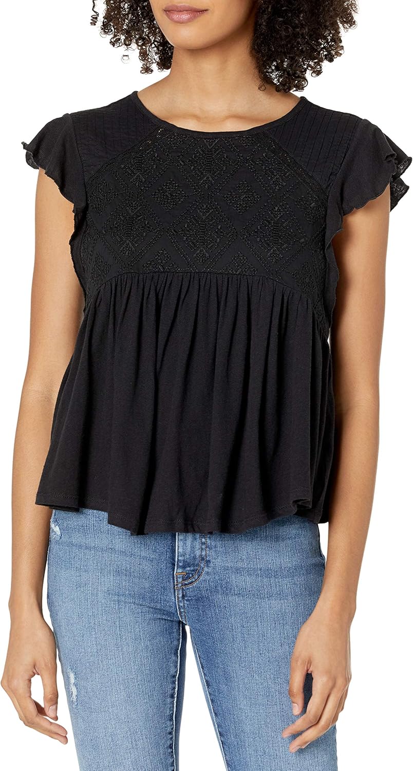 Lucky Brand Women's Short Sleeve Crew Neck Embroidered Dolman Top
